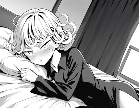 score_9, score_8_up, score_7_up, source_anime,tatsumaki, <lora:opm-tatsumaki-manga-ponyxl-lora-nochekaiser:1>,tatsumaki, short hair, curly hair, monochrome, greyscale,long sleeves, dress,indoors, bed, bed room, on side, blush, drunk,looking at viewer, cowboy shot, solo, dutch angle,