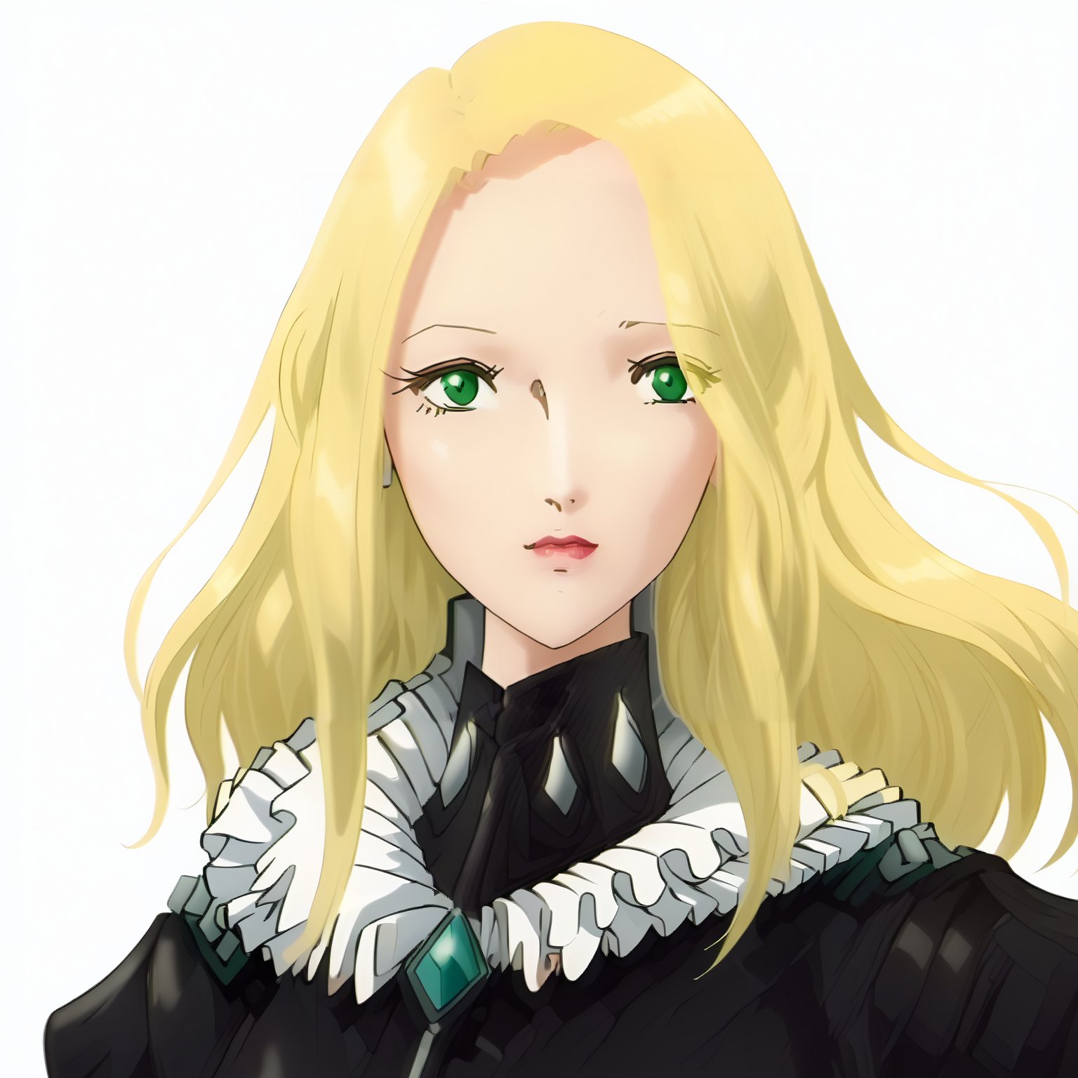 <lora:FatimaPasitheaXLpony002>,solo,FatimaPasithea,1girl,blonde hair,long hair,green eyes,black body suit,black dress,long_sleeves,upper body,