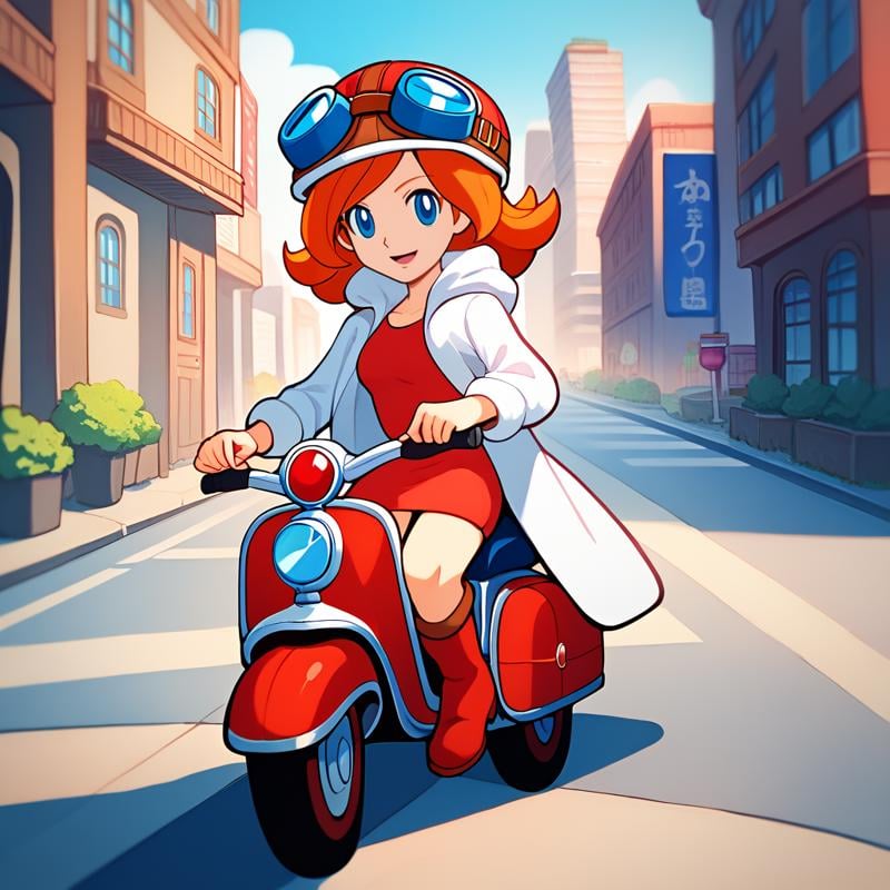 score_9, score_8_up, score_7_up, 1girl, solo, uncensored,  <lora:WarioWareMonaXL_v1.1:1> wariowaremona,  smile, closed mouth, blue eyes, long orange hair, aviator hat, goggles on headwear, riding scooter, red scooter, short red dress, red knee boots, white coat, outdoors, road, street, city, driving