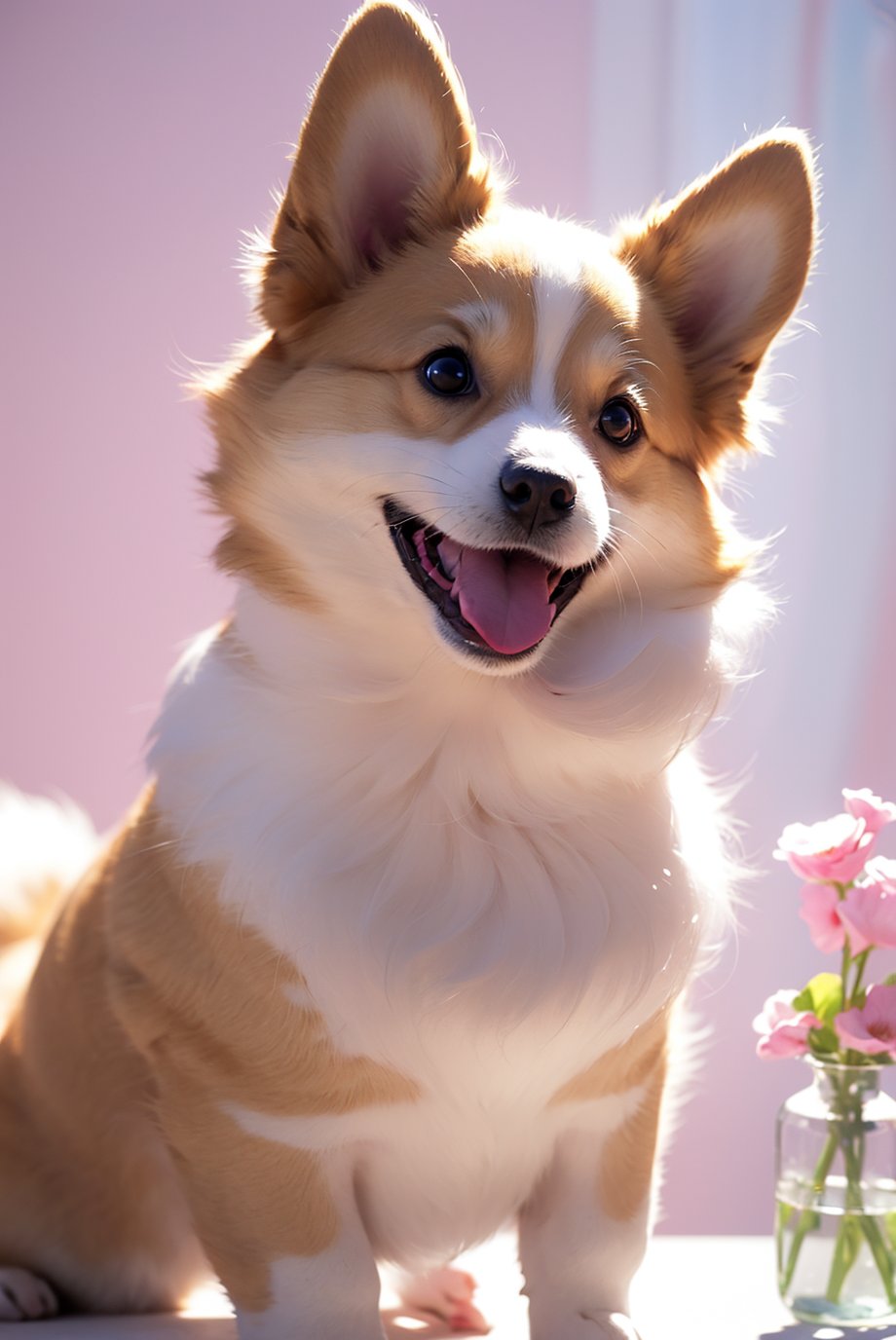 A doge with a tiny tail, a small nose, small ears, blue eyes, pink background, flowers, vases, dreams, open mouth, smile, Caroline Chariot-Dayez pastels, tumblr style, furry art, elokitty, Disney's Bambi dog, Disney's stylized furry, ears floating, fluffy tail, (fluffy:1.4), high resolution, furry art, The moon, small in size, mangguo_keji,  <lora:YG可爱柯基:0.75>,