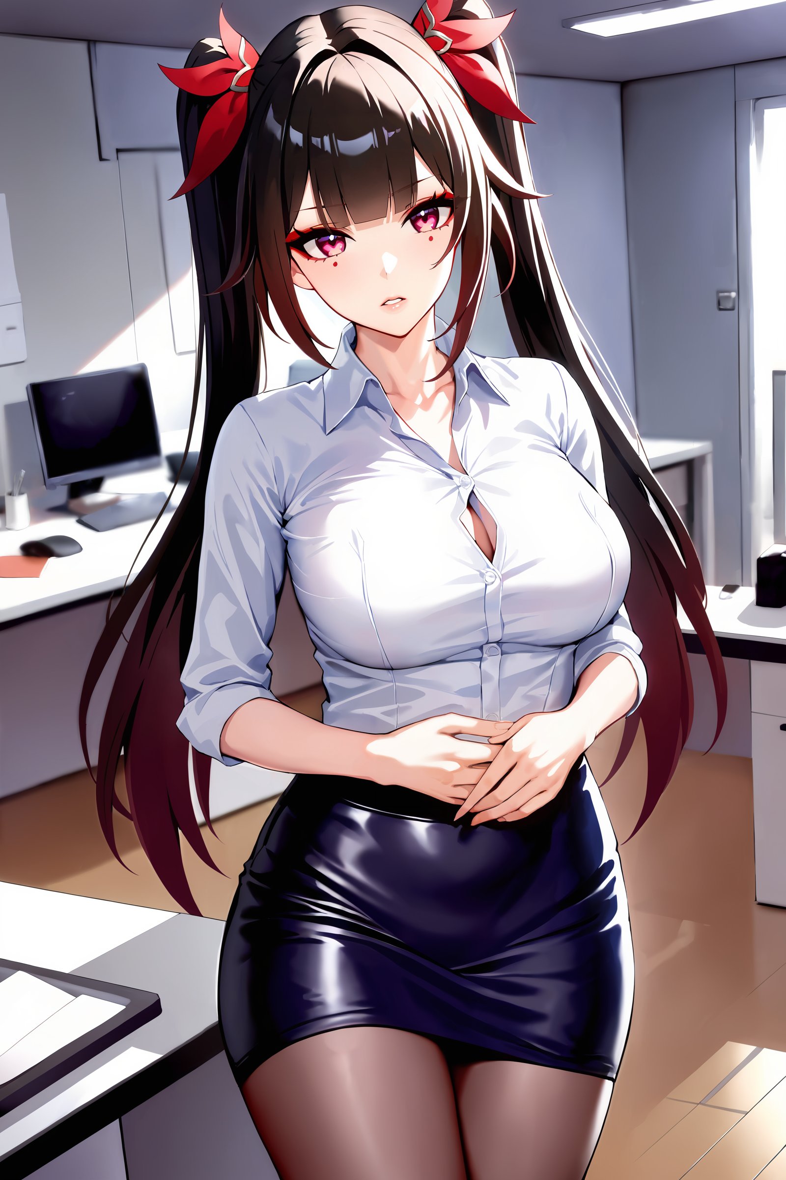 masterpiece, best quality, illustration, highres, ultra-detailed, 1girl, sparkle \(honkai: star rail\), twintails, office lady, collared shirt, pencil skirt, pantyhose, looking at viewer, parted lips, cowboy shot, office, indoors, depth of field <lora:Char-HonkaiSR-Sparkle-XL-V1:0.9>