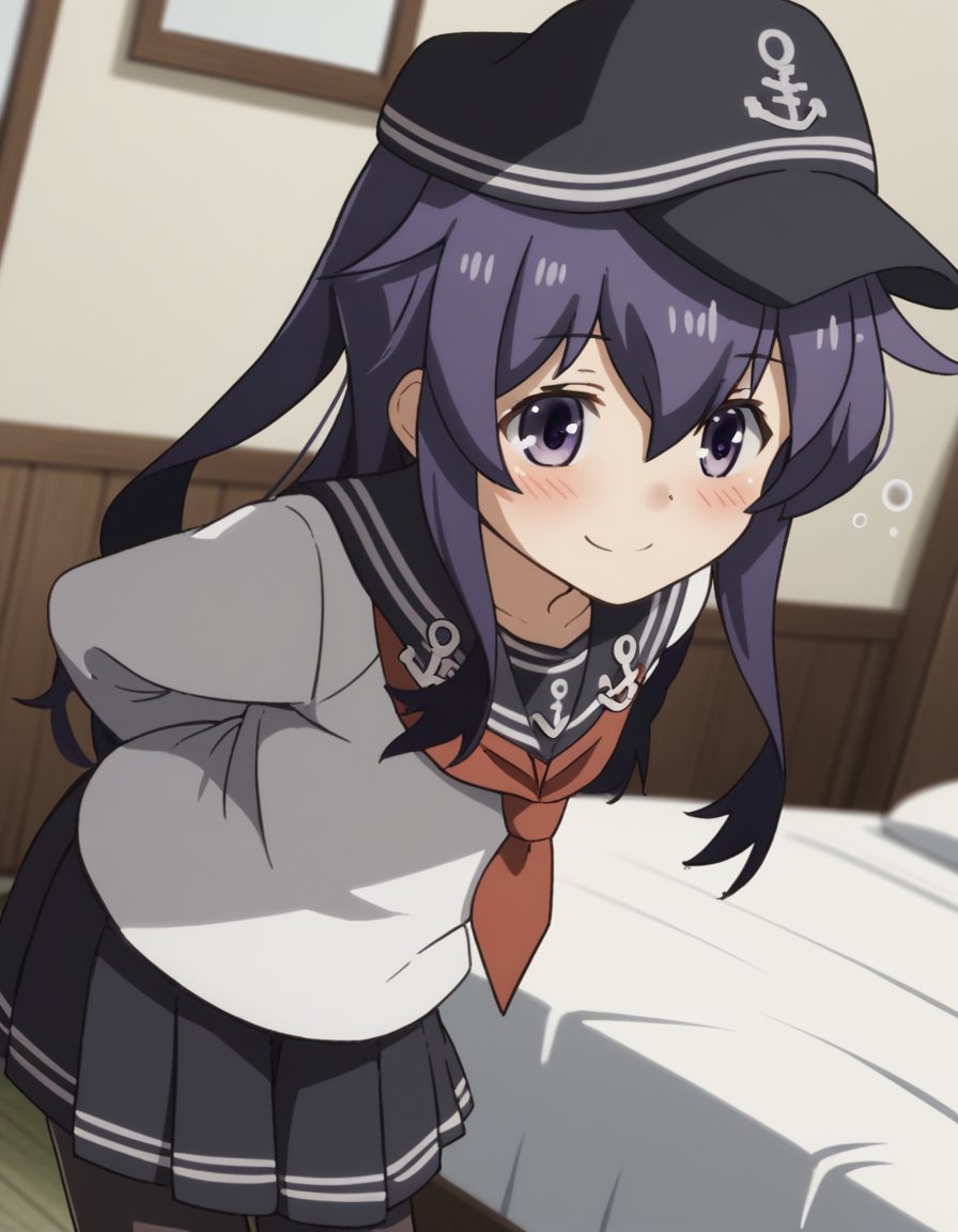 score_9, score_8_up, score_7_up, source_anime, <lora:kancolle-akatsuki-s1-ponyxl-lora-nochekaiser:1>, akatsuki, long hair, hair between eyes, purple eyes, purple hair, akatsuki (kancolle), skirt, shirt, long sleeves, hat, school uniform, pantyhose, pleated skirt, serafuku, black skirt, sailor collar, neckerchief, black pantyhose, red neckerchief, anchor symbol, flat cap,, indoors, bed, bed room, on side, blush, drunk,, smile, , hands behind back, bent over, smile, solo,, cowboy shot, dutch angle