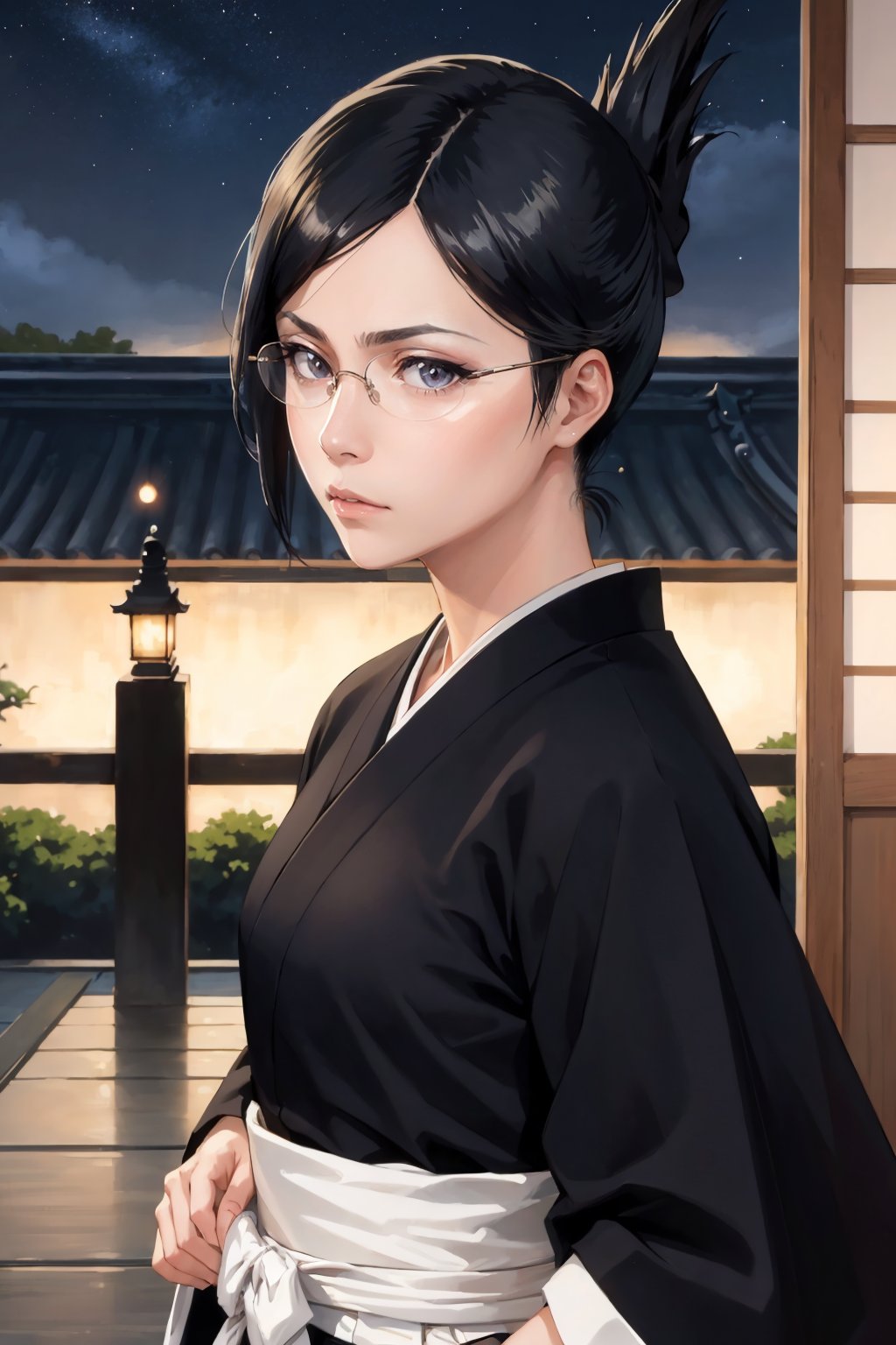 masterpiece, best quality, <lora:isenanao-nvwls-v1-000009:0.9> ise nanao, folded ponytail, glasses, black robes, sash, hakama skirt, upper body, japanese architecture, night sky, furrowed brow, from side