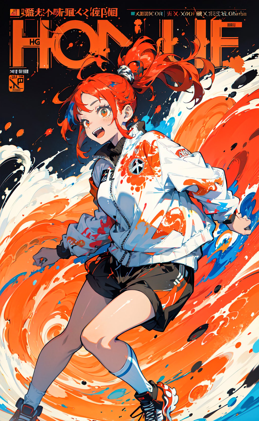 (magazine cover:1.1), masterpiece, best quality, 1girl, red ponytail, long hair, oversized track jacket, shorts, happy, fun, paint splatter, paint, dynamic, colorful, swirl, swirling, abstract, expressive, simple background 