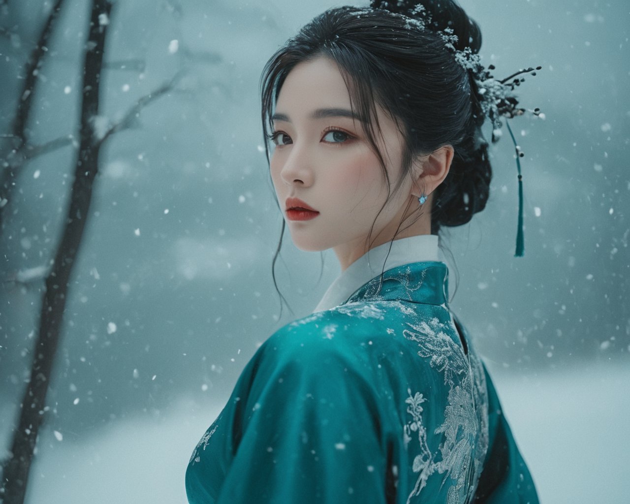 breathtaking cinematic still asian,woman,hanfu,expressionism oil painting, turquoise Eyes, Short Nose, Full Lips, Sharp Chin, Long Hair, Formal Updo, large breasts, black satin lipstick,winter,snow,outdoors . emotional, harmonious, vignette, 4k epic detailed, shot on kodak, 35mm photo, sharp focus, high budget, cinemascope, moody, epic, gorgeous, film grain, grainy, asian,woman,hanfu,expressionism oil painting, turquoise Eyes, Short Nose, Full Lips, Sharp Chin, Long Hair, Formal Updo, large breasts, black satin lipstick,winter,snow,outdoors, elegant, highly detailed, vibrant colors, intricate, very sharp focus, candid, iconic, extremely beautiful, winning . award-winning, professional, highly detailed