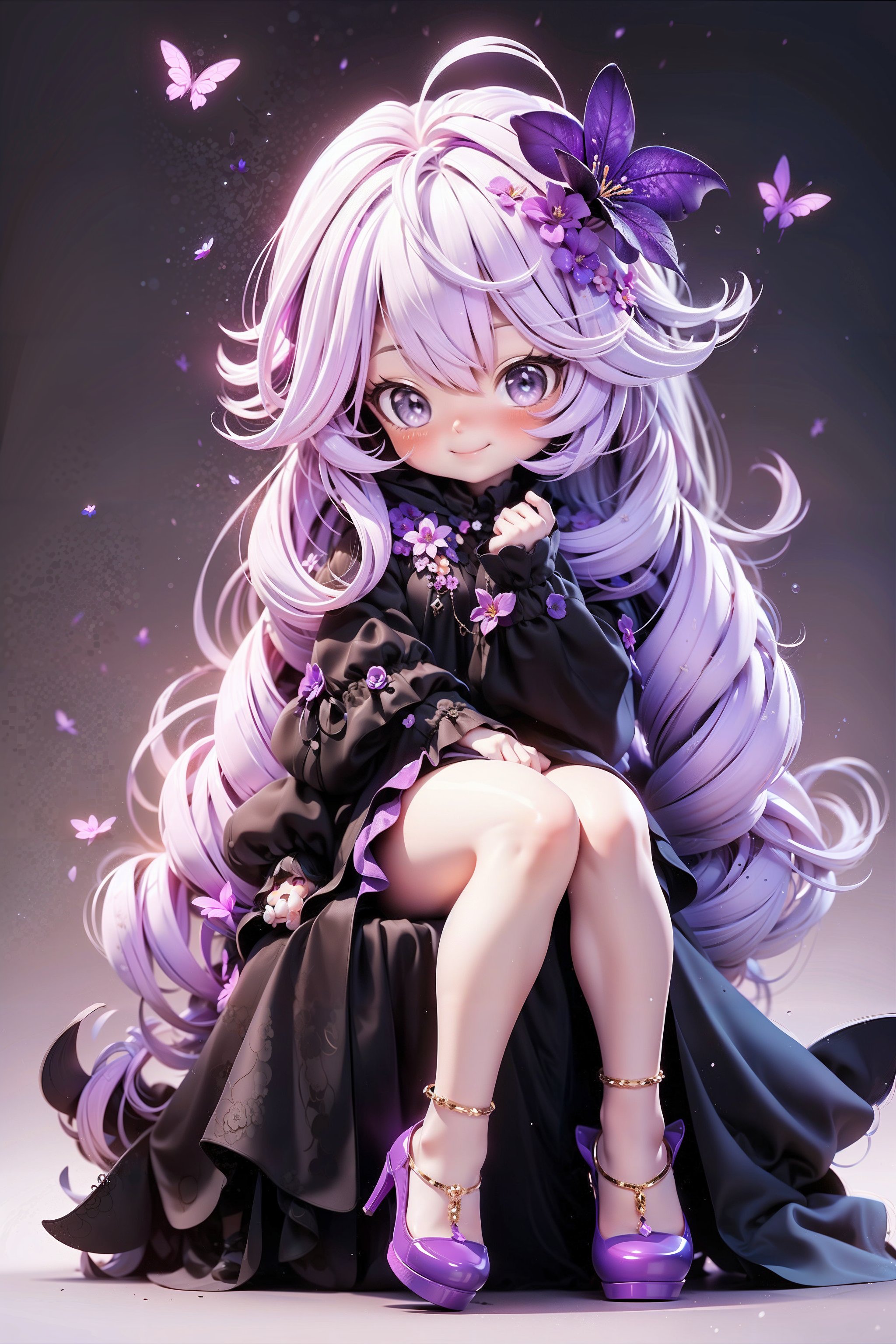 NJIP, 1girl, solo, smile, long hair, hair ornament, sitting, looking at viewer, colored skin, purple eyes, flower, hair flower, very long hair, flared hairstyle, color gradient