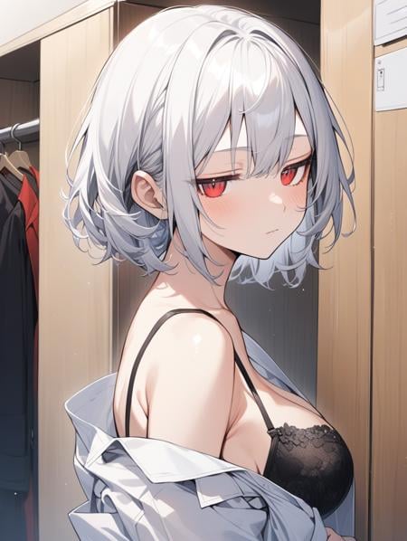 1girl,  <lora:jitome_AXL30_v09a:4.5>,  (looking at viewer:1)  , white hair, red eyes, short hair, expressionless ,undressing, large breasts, upper body,  from side, indoors, open shirt, dressing room, changing room, black bra, portrait,