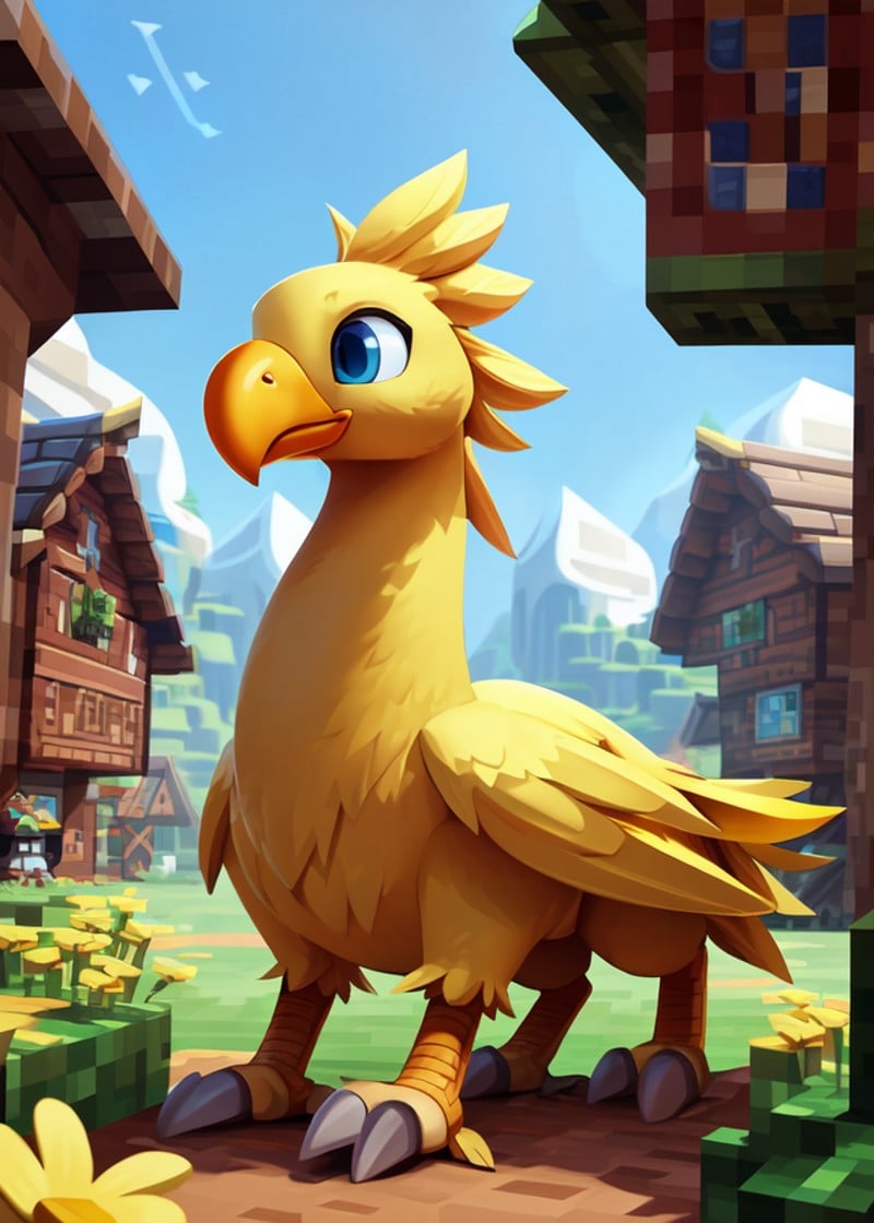 [(by Greasymojo, by Retros, by Nicholas Roerich, by Sachin Teng, by Syd Mead)::0.85], (Minecraft),(feral, toony:1.3), (((chocobo)), yellow body, beak, blue eyes, wings),(walking, three-quarter portrait, three-quarter view:1.3),(grassland, final fantasy x, village:1.25), (snow mountain, plant, yellow flower, water),BREAK,(detailed background, depth of field, half body shadow, sunlight, ambient light on the body),masterpiece, best quality, 4k, 2k, (intricate:0.9), (high detail, shaded, 3d:1.25), absurd res