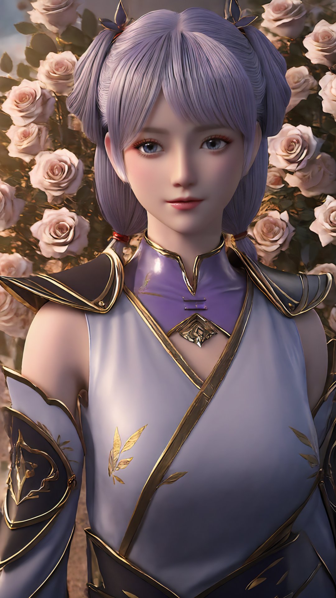 hx,1girl,solo,hx_chinese clothes,armor,purple hair,independent sleeves,flower field,tanono,hair rings,sky,<lora:hy-000009:0.8>,<lora:玫瑰花场景-王导:0.6>,purple roses,looking_at_viewer,river,peach_blossom,purple rose,rose_petals,exquisite facial features,delicate skin,upper_body,, best quality,masterpiece,HDR,UHD,8K