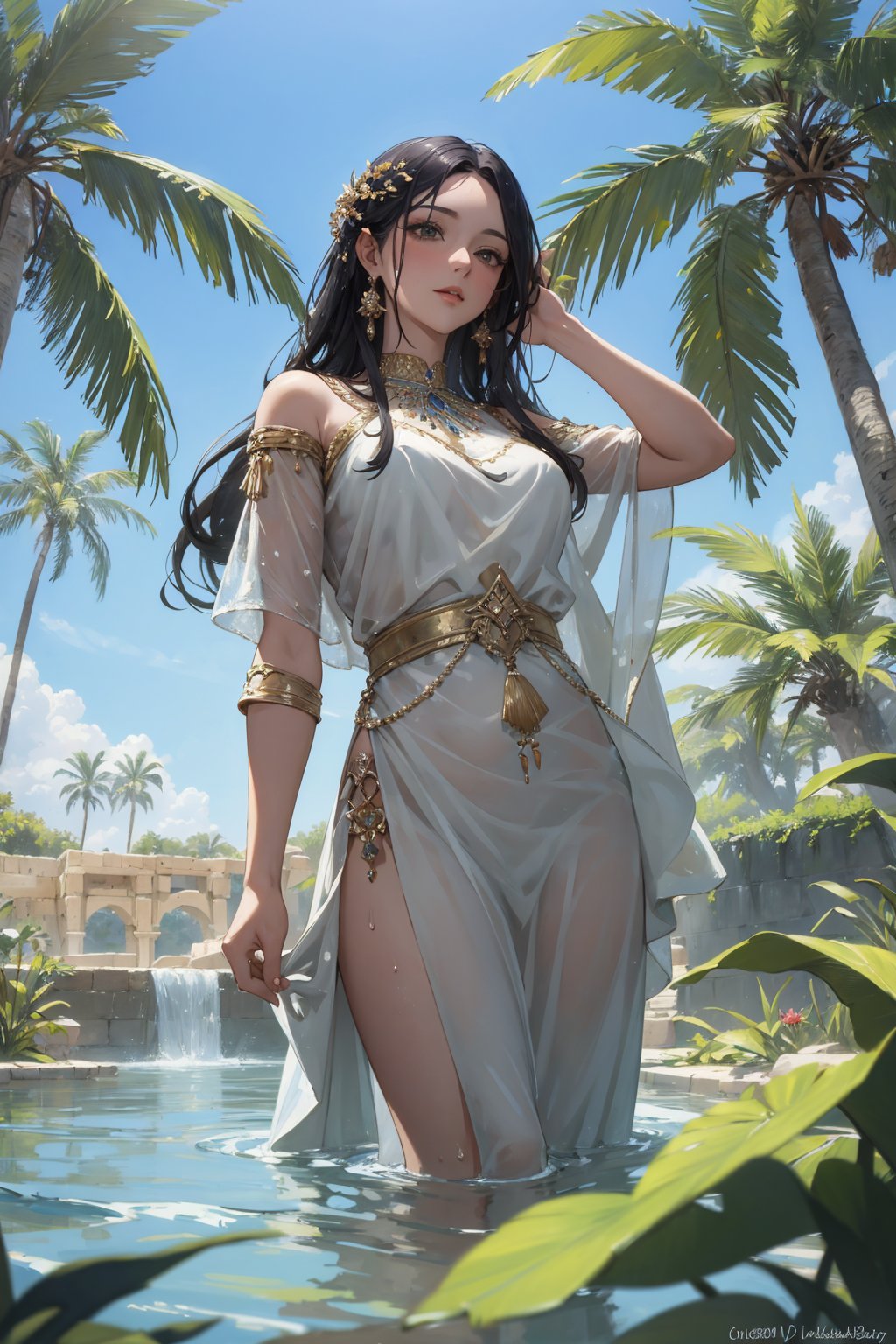 ((masterpiece)), ((best quality)), absurdres, 8k uhd, beautiful colors, insane detail,Portrait of a beautiful female queen wading in water in ancient (Babylonian city) with palm trees and gardens 