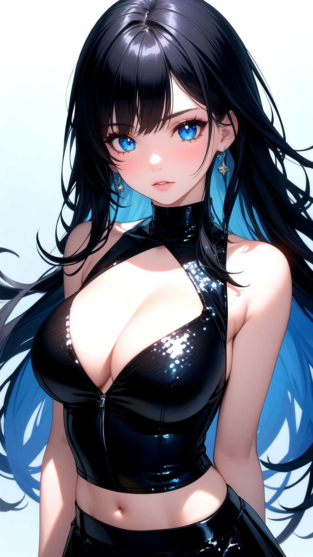 16K, Best quality, masterpiece, 1girl, solo, mature, sexy, highly detailed face and eyes, professional makeup, black sequin sleeveless cropped top, skirt, blue-black dual tone long hair, glowing blue eyes