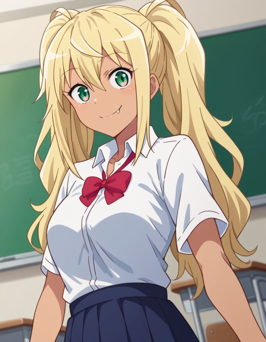 score_9, score_8_up, score_7_up, source_anime,hibikisakura, <lora:hibiki-sakura-s1-ponyxl-lora-nochekaiser:1>hibiki sakura, long hair, blonde hair, hair between eyes, twintails, green eyes, fang, dark skin, dark-skinned female, gyaru, mature female,skirt, shirt, bow, school uniform, white shirt, short sleeves, collared shirt, bowtie, red bow, red bowtie,indoors, classroom, smile,looking at viewer, dutch angle, cowboy shot