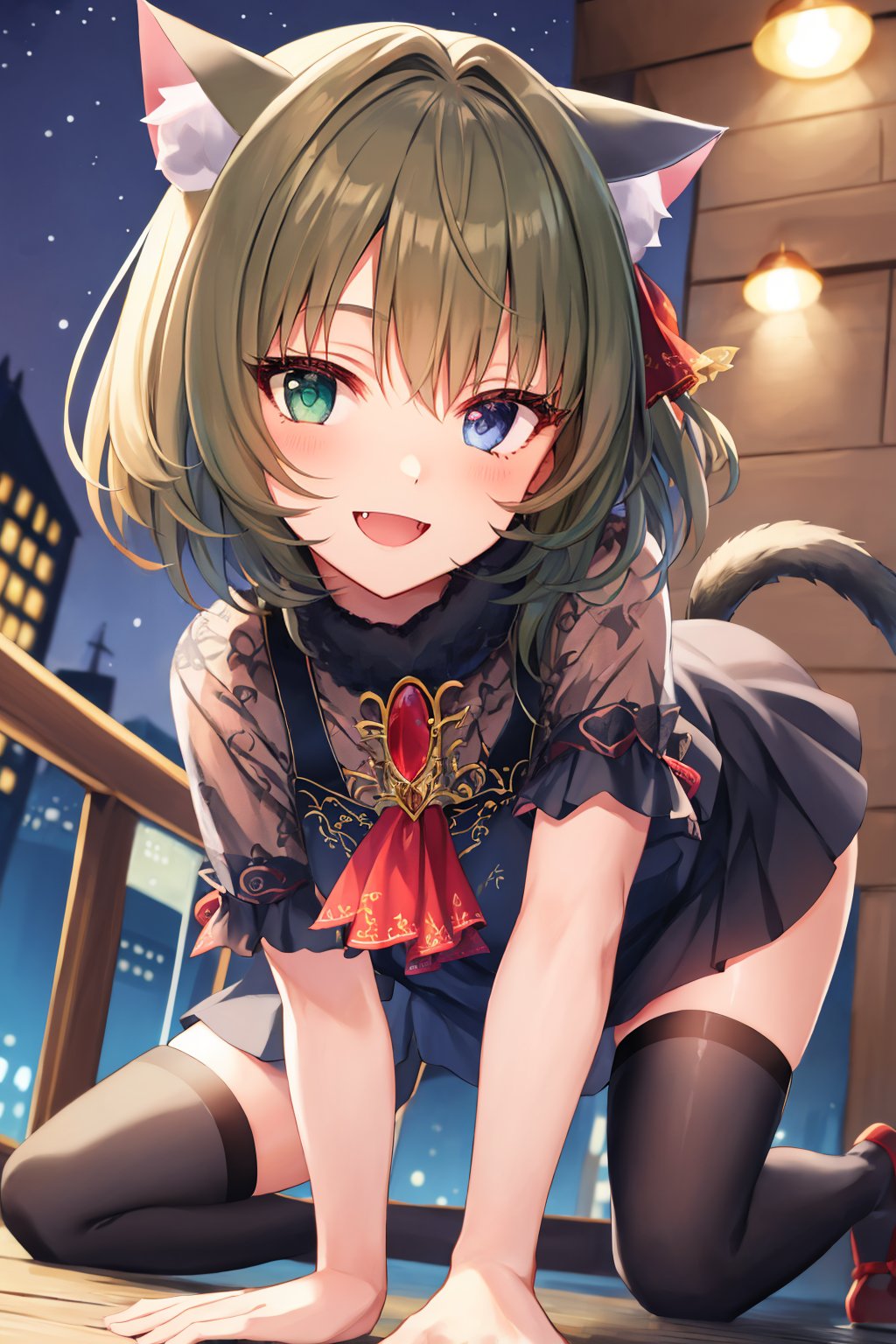 masterpiece, best quality, <lora:kaedetakagaki-nvwls-v1-000009:0.9> catKaede, heterochromia, green eyes, blue eyes, cat ears, gothic dress, ascot, short sleeves, black thighhighs, paw pose, smile, :D, all fours, fang, looking at viewer, from below, night