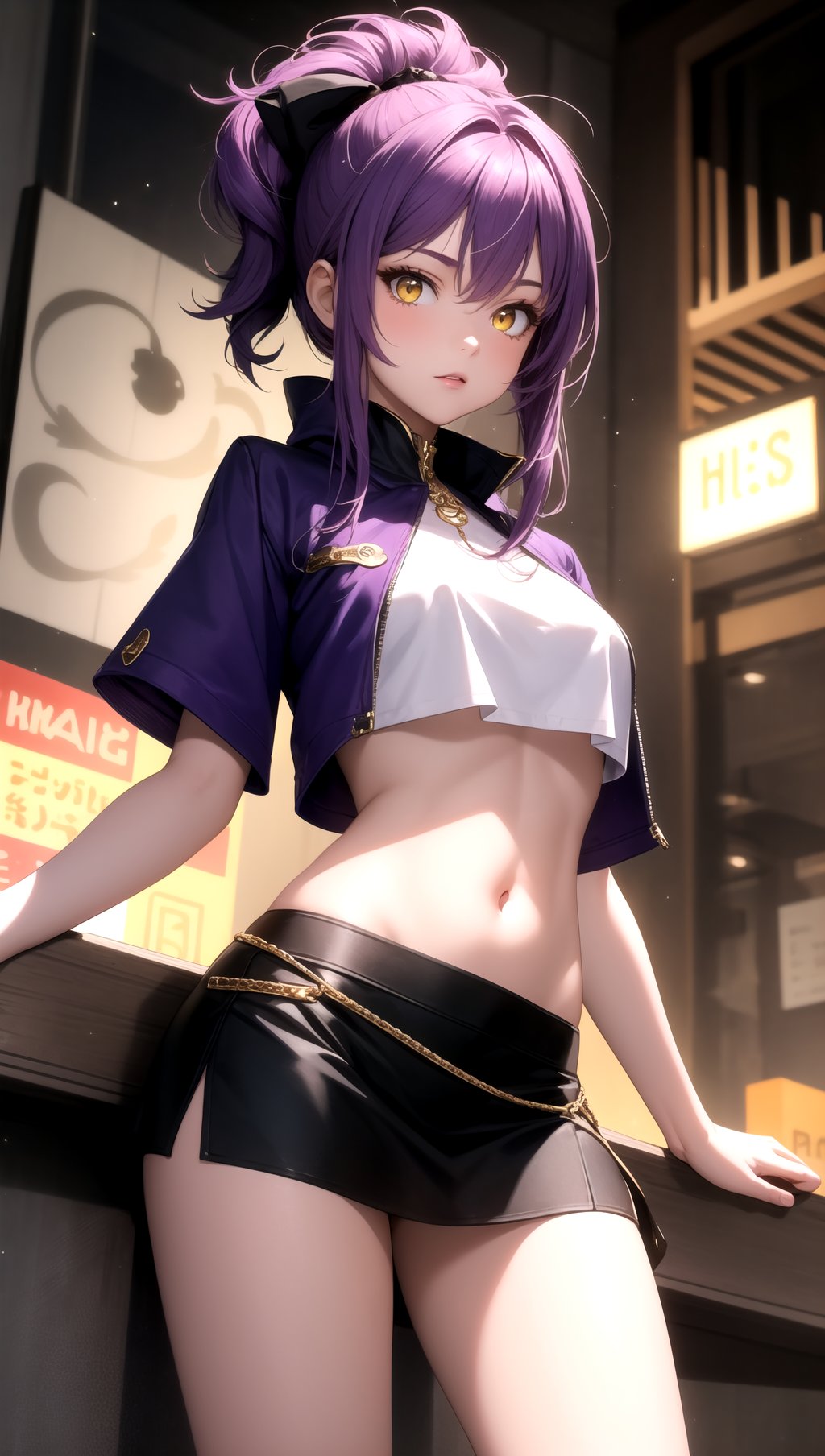 (masterpiece, best quality), 1girl, purple hair, yellow eyes, glowing eyes, crop top, skirt,