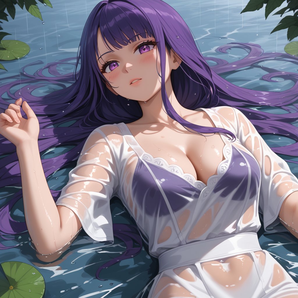 (,1girl, ,best quality, ),,  ,(Highest picture quality), (Master's work), , (ultra-detailed), the portrait is centered, 1girl, raiden shogun, nsfw, (wet clothes), blush, bare hips, (sheer shirt), (from above:1.7), (translucent dress), water drop, (rain), (outdoors), stained, wet hair, wet dress, wet, scenery, (long hair), nature background, close up, ((on back)), water,masterpiece, best quality, ultra high res, highly detailed, (abstract expressionism art:1.4), [girl | fire ghost:10], love,, dark rainbow theme, colorful, visually stunning, beautiful, gorgeous, emotional, intricate, perferct shading, rainbow hair,(sit),  ,(cleavage),,