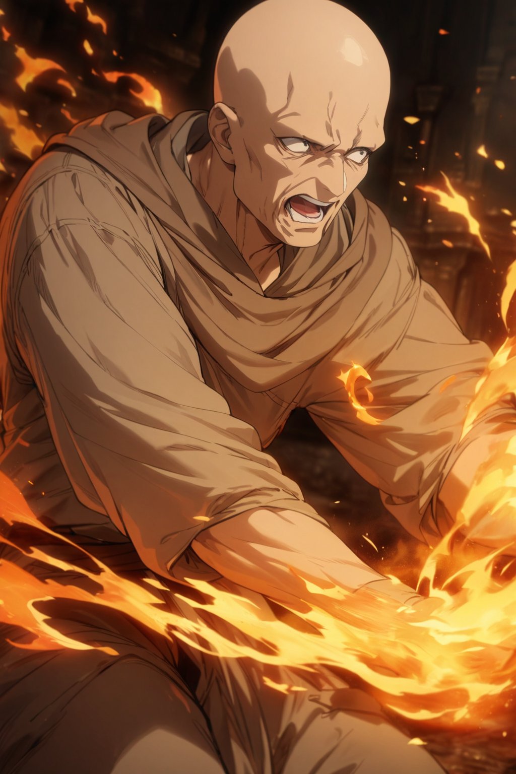 fighting, fire magic, diru,1man, solo, cowboy shot, bald hair, ugly man, brown mantle, mature male,grey tunic, jodhpur pants, black eyes, (masterpiece, 16k, high-quality, breathtaking, highres, ultra detailed), (perfect face) (high-quality, breathtaking, highres, ultra detailed), (expressive eyes, perfect face)  <lora:diru>