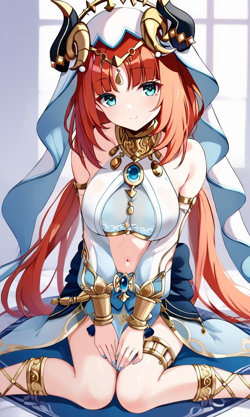 <lora:sdxl-gen-nilou-pony:0.8> gen-nilou, GenshinImpact, 1girl ,aqua eyes, eyeliner, orangered hair, shiny hair, horns, long hair, low twintails, parted bangs, sidelocks, medium breasts, blue nails, circlet, thighlet , neck ring +++ see-through veil, blue gemstone, white headwear, brooch, lightblue harem outfit, puffy long sleeves, bare shoulders, detached sleeves, gold trim, blue skirt, gladiator sandals +++ kind smile, +++ spread arms, POV, looking away, wide shot from above sitting, cinematic lighting, Altar of the Blood Moon