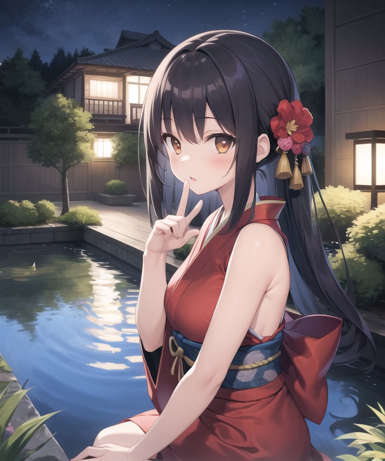 masterpiece,best quality,1girl,pond,night,kimono,sleeveless