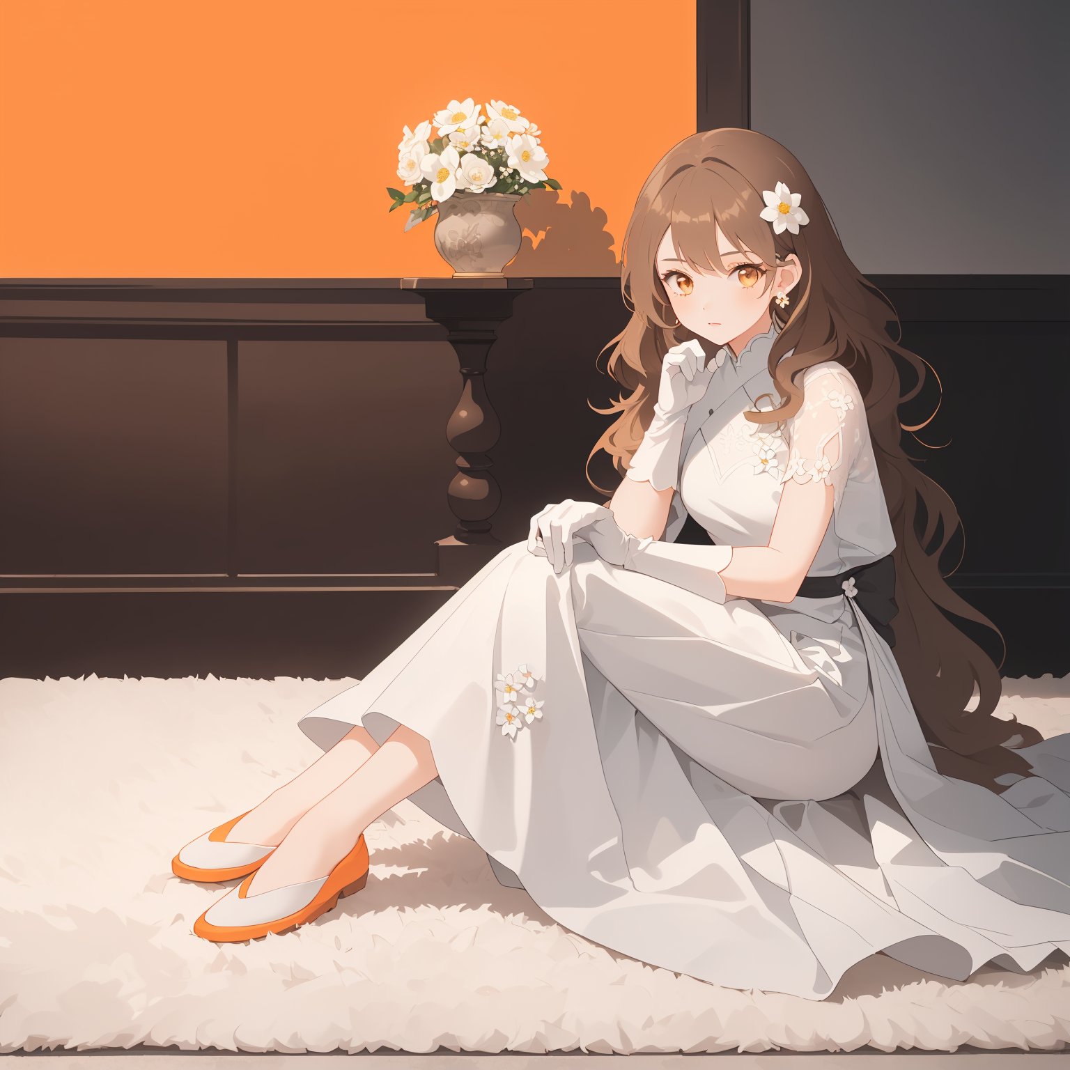 1girl,((white gloves)),solo,sitting,wavy hair,long hair,brown hair,muted color,indoor photography,earrings,(light orange background),white flower,(gray carpet),(full body),(((masterpiece))),(((best quality))),highly detailed,shokei shoujo no virgin road.,((poakl flower style)),