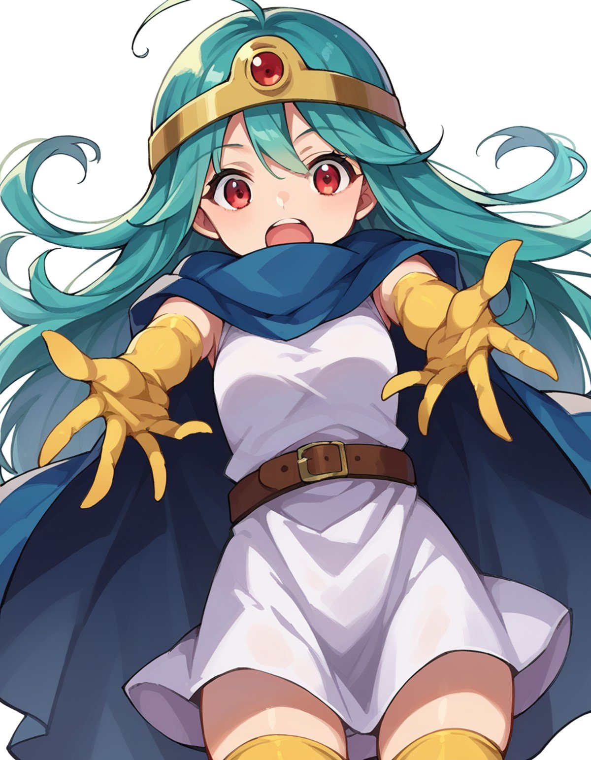 score_9, score_8_up, score_7_up, source_anime,dqsage, <lora:dq-sage-ponyxl-lora-nochekaiser:1>,sage, ahoge, aqua hair, red eyes, long hair,belt, buckle, cape, capelet, circlet, cloak, dress, elbow gloves, gloves, scarf, short dress, sleeveless, sleeveless dress, thighhighs, yellow gloves,on back, arm support, arms up, incoming hug, pov, reaching, reaching towards viewer,looking at viewer, dutch angle, cowboy shot,