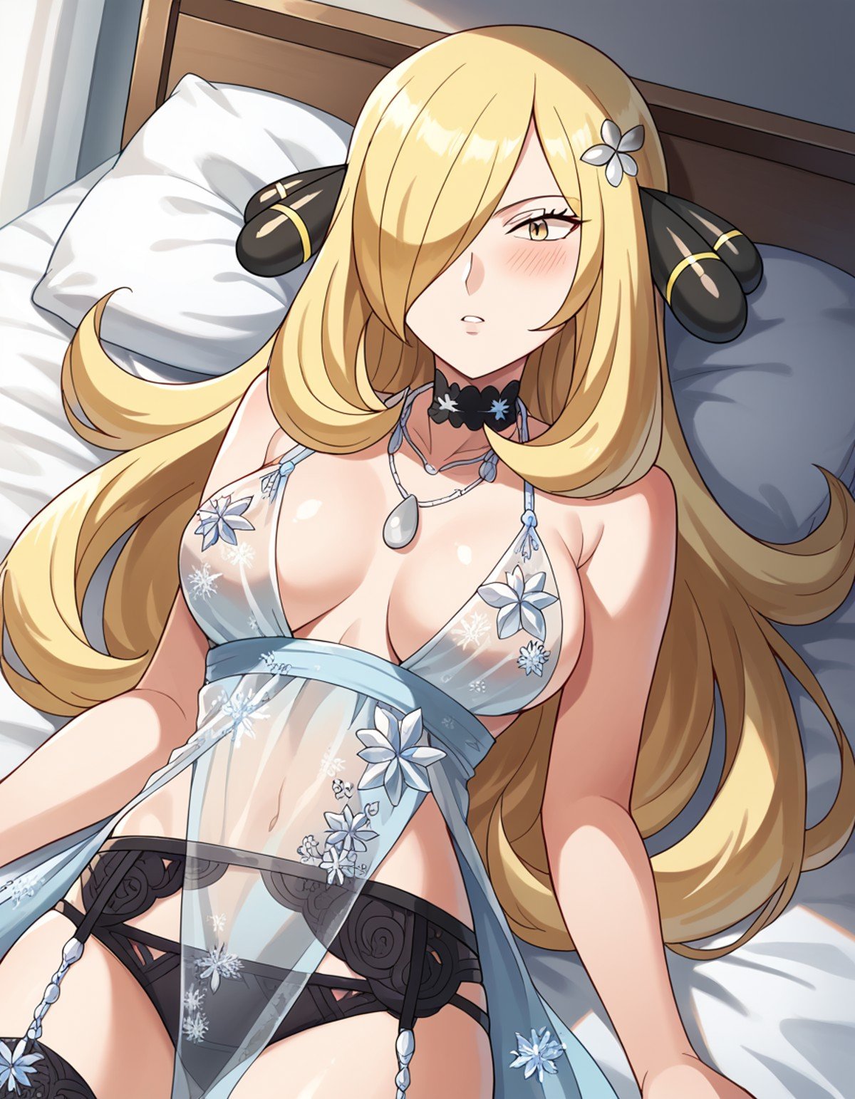 score_9, score_8_up, score_7_up, source_anime, <lora:pokemon-cynthia-anime-ponyxl-lora-nochekaiser:1> pokemoncynthia, blonde hair, hair ornament, hair over one eye, long hair, yellow eyes,, <lora:royal-icing-ponyxl-lora-nochekaiser:1>, royal icing, snowflake print, garter belt, lingerie, see-through, revealing clothes, black panties, necklace, choker, underwear,, indoors, bed, on bed, on back, blush, breasts apart, indoors, bed, bed room,, cowboy shot, dutch angle