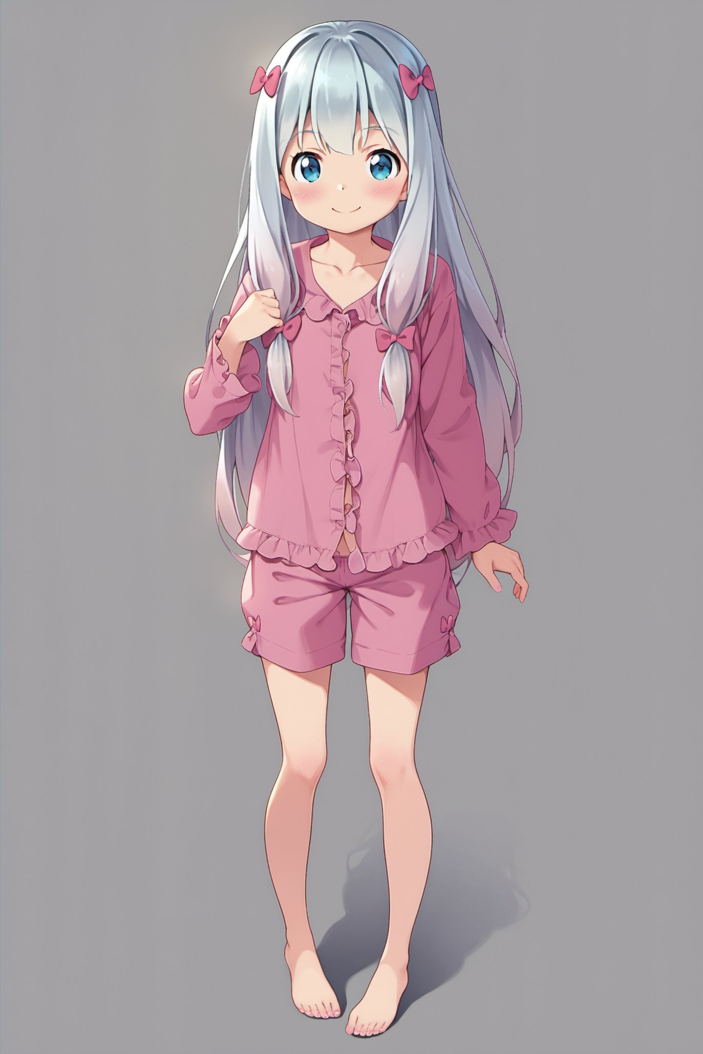 1girl,long hair,solo,izumi sagiri,pajamas,full body,bow,grey hair,standing,blue eyes,barefoot,pink bow,hair bow,looking at viewer,blush,very long hair,smile,shirt,shorts,closed mouth,simple background,white background,long sleeves,frills,pink shirt,ribbon,pink shorts,pink pajamas,collarbone,bangs,,score_9,score_8_up,<lora:Kanzaki Hiro_XL_PONY:0.9>,