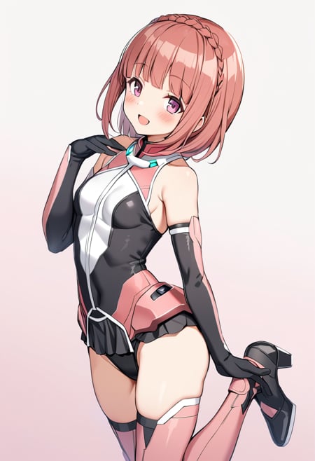 1girl, aikawa aika, ace suit, solo, elbow gloves, thighhighs, looking at viewer, bare shoulders, standing, open mouth, full body, smile, standing on one leg, blush, thigh boots, short hair, pink hair, purple eyes, eyebrows visible through hair, pink legwear, small breasts, crown braid, leg up, black gloves, blunt bangs, :d, pink background, flat chest, covered navel, red legwear, brown hair, faulds, halterneck, hand up, black leotard, pink eyes, sidelocks, simple background, armor, medium hair, from side, black footwear, tiptoes, hand on own chest, gradient background, turtleneck, high heel boots, leg lift, white background, pink collar, masterpiece, best quality <lora:aikawa_aika_sdxl_locon_v1:0.7>