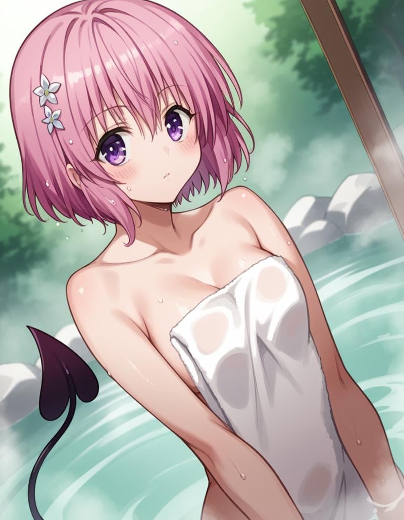 score_9, score_8_up, score_7_up, source_anime,momodeviluke, <lora:momo-deviluke-darkness-ponyxl-lora-nochekaiser:1>,momo deviluke, demon tail, hair flower, hair ornament, purple eyes, pink hair, short hair, tail,nude, naked, outdoors, onsen, towel, naked towel, steam, bathing, nude cover, partially submerged, water, bath, steam censor, wet towel, blush,looking at viewer, cowboy shot, dutch angle, solo,