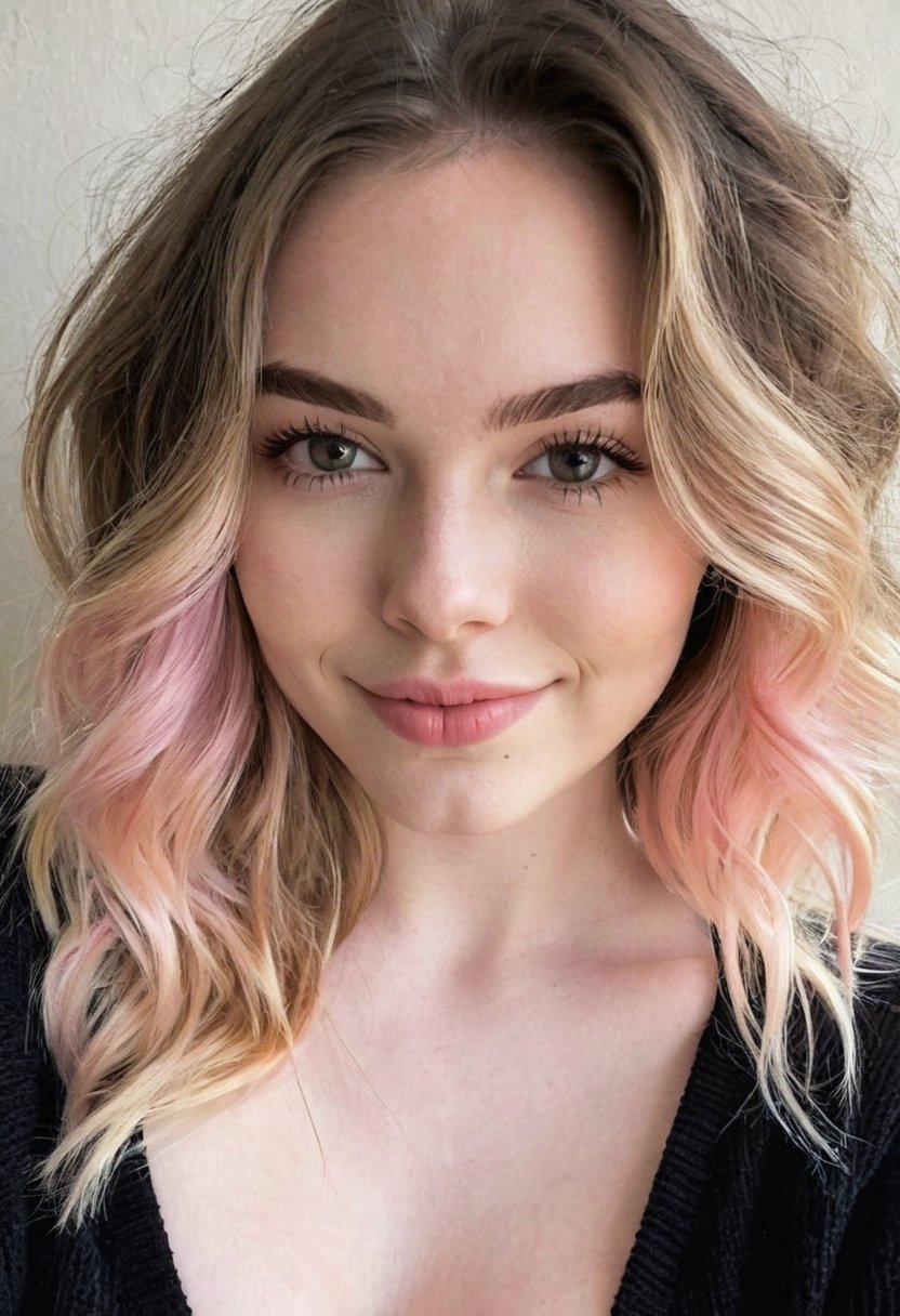 instagram photo, closeup face photo of 23 y.o Chloe in black sweater, cleavage, pale skin, (smile:0.4), hard shadows, naked, pink pussy, white skin,nsfw