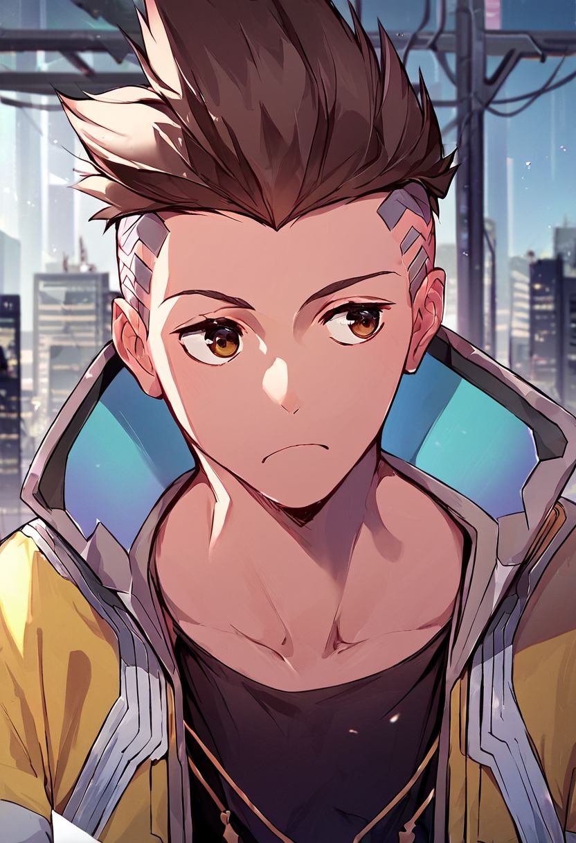 (Xmartinezx:1.0),score_9, score_8_up, score_7_up, source_anime, rating_safe,portrait 1boy in futuristic city x2077x