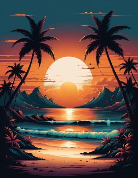 musical tropical vector illustration of sunset on the beach, in the style of Dan Mumford, vintage aesthetics, compositions inspired by nature, dark and gloomy landscapes, tropical landscapes