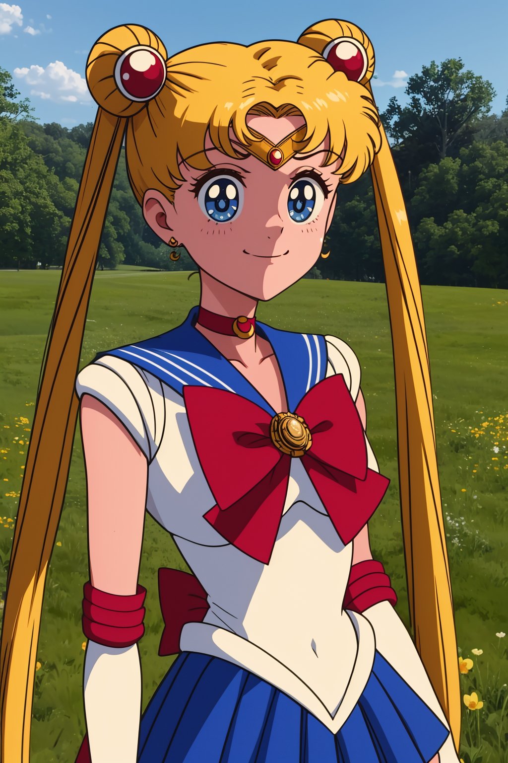 usagitsukino, 1girl, solo, blue eyes, blonde hair, very long hair, twintails, hair bun, double bun, parted bangs, hair ornament,sailor senshi uniform, white leotard, blue skirt, pleated skirt, miniskirt, red bow, elbow gloves, white gloves, blue sailor collar, red choker, brooch, crescent choker, tiara,smile,closed mouth,cowboy shot,upper body,meadow,outdoor,(insanely detailed, beautiful detailed face, masterpiece, best quality) cinematic lighting,<lora:Sailor_Moon_v4:1>, <lora:more_details:0.3>,