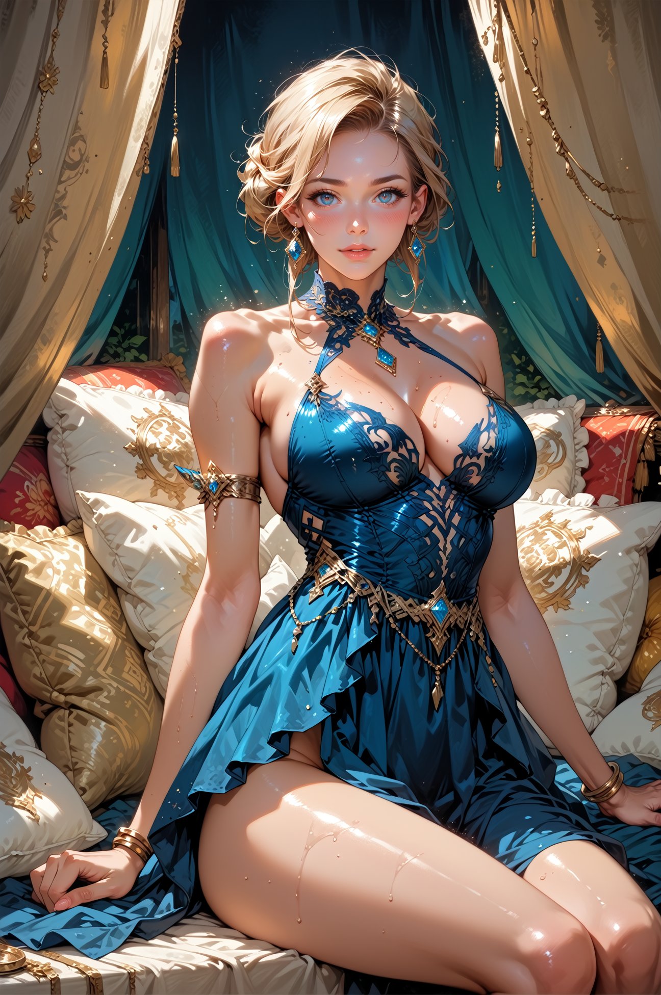 score_9, score_8_up, score_7_up, score_6_up, score_5_up, score_4_up,  1girl, blonde hair, princess, shiny skin, cleavage, wet skin, huge breasts, in a tent, fabrics, pillows, dutch angle, moody lighting, suggestive pose, professional lighting, fantasy, perfect quality, high quality, photorealistic, dynamic pose, sitting on a pillow long dress, LAstargalaxydress, <lora:LAstargalaxydressXL:1>, BREAK, highly detailed, gem earrings,<lora:hand 4:0.3>  , <lora:Fant5yP0ny:0.6> 