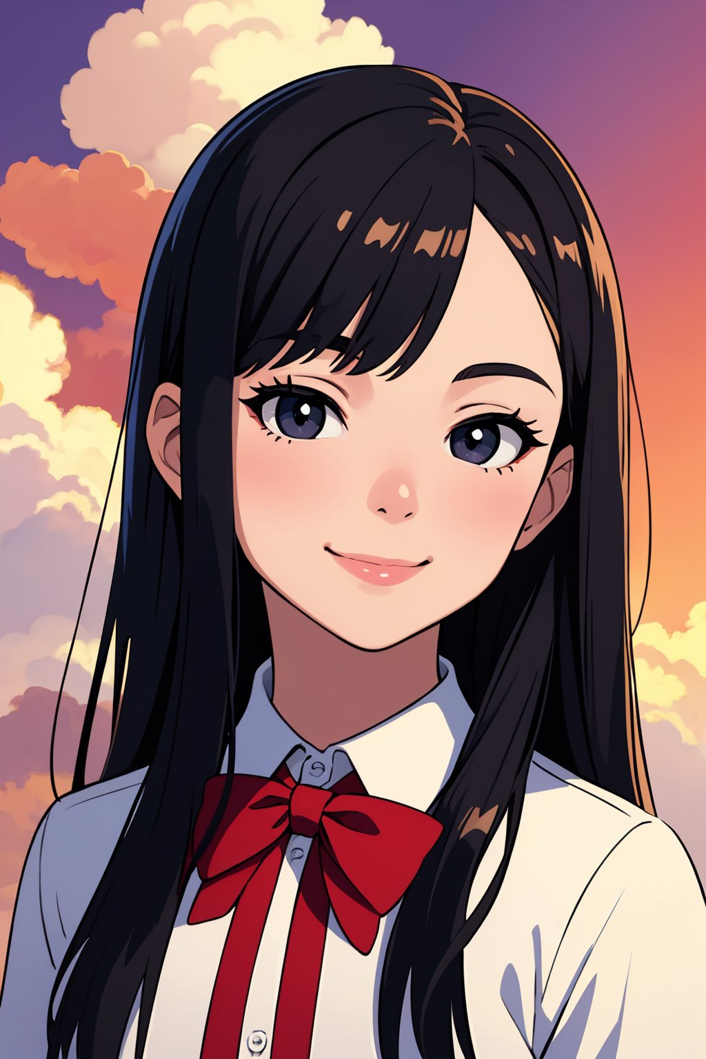 (best quality:1.4),(masterpiece:1.4),(8K:1.4),(extremely detailed:1.4),1girl,solo,long hair,shirt,looking at viewer,white shirt,collared shirt,black eyes,smile,bow,red bow,closed mouth,portrait,black hair,bowtie,black bowtie,upper body,cloud,sky,shiny,shiny skin,