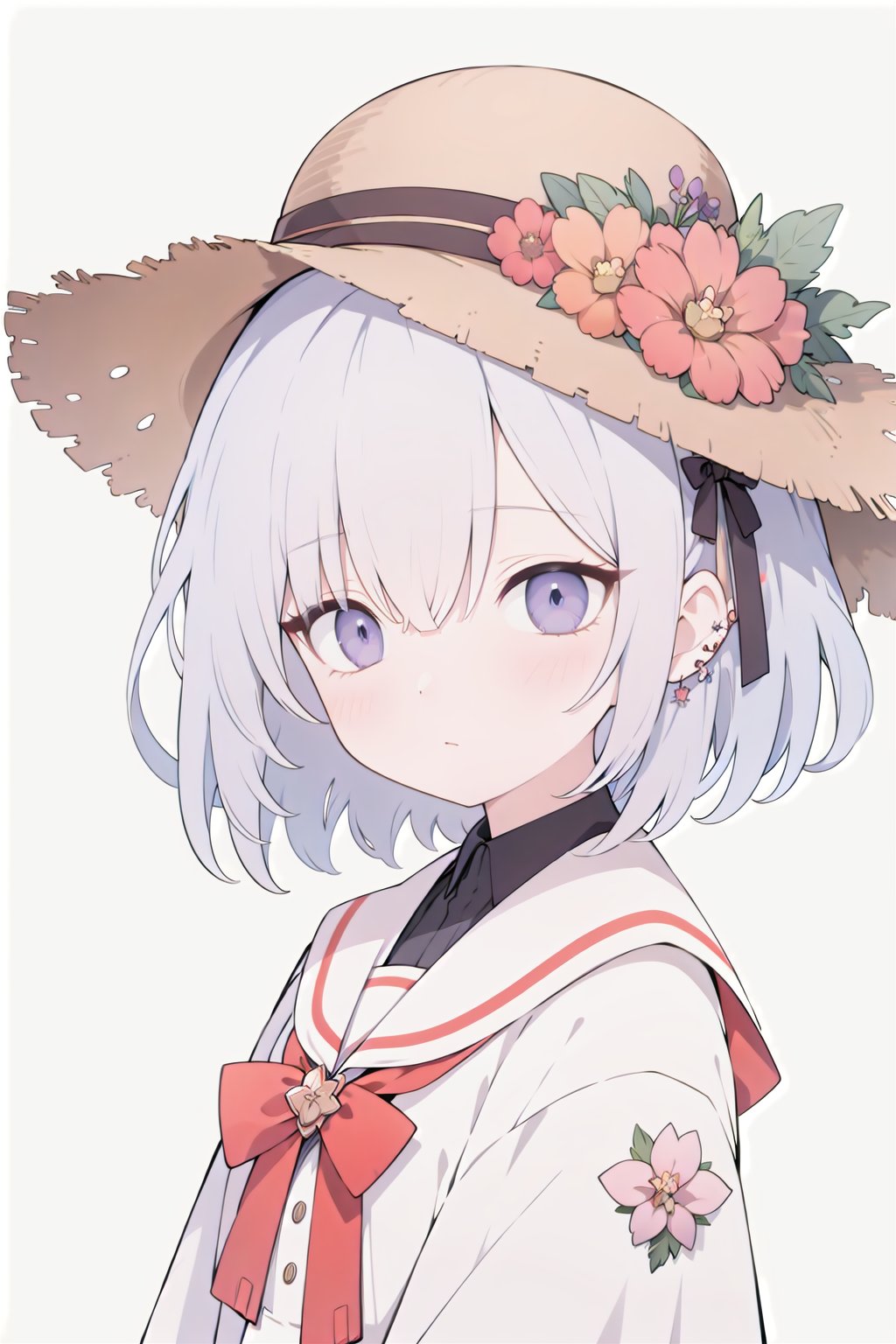 Straw hat,quality_best,style_onineko,(Distinct pupils)(Clear eyes),1girl,solo,c,earrings,looking at viewer,flower,short hair,bangs,closed mouth,simple background,black headwear,white background,red flower,upper body,white hair,hair intakes,frills,purple eyes,hair ornament,expressionless,hat flower,eyelashes,best quality,