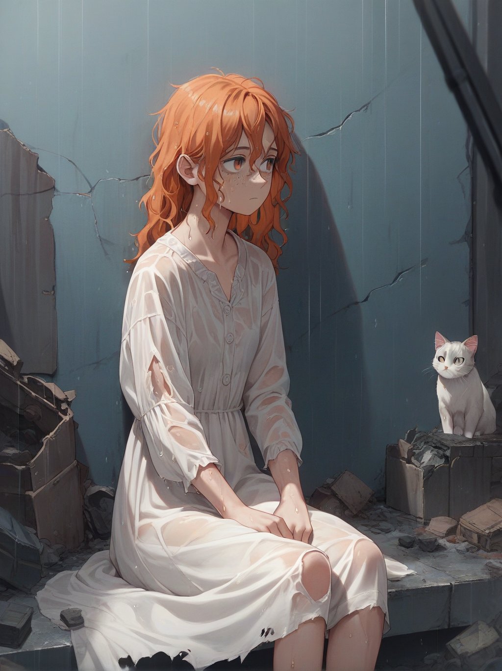 score_9, score_8_up, score_7_up, score_6_up, source_anime, <lora:linen_dress_v0.1-pony:1> 1girl, linen dress, orange hair, freckles, grey eyes, wavy hair,  torn dress, torn clothes, abandoned, debris, sitting, rain, wet hair,wet, see-through, looking to the side, cat,