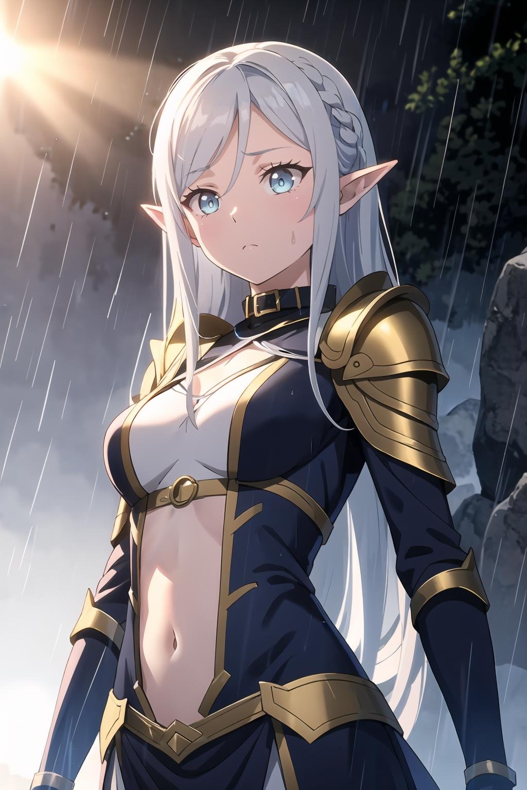 1girl, solo, long hair, bangs, blue eyes, braid, black hair, pointy ears, elf, black gold armor, armor, gold collar, dark atmosphere, rain, fog, pale skin, outdoors, scared, sad, cave, glowing eyes, blue glow, scared eyes, wide open eyes, shadow, low light, navel, <lora:Platinum_Anime_Hentai_CG_Helper_R2.3:1>