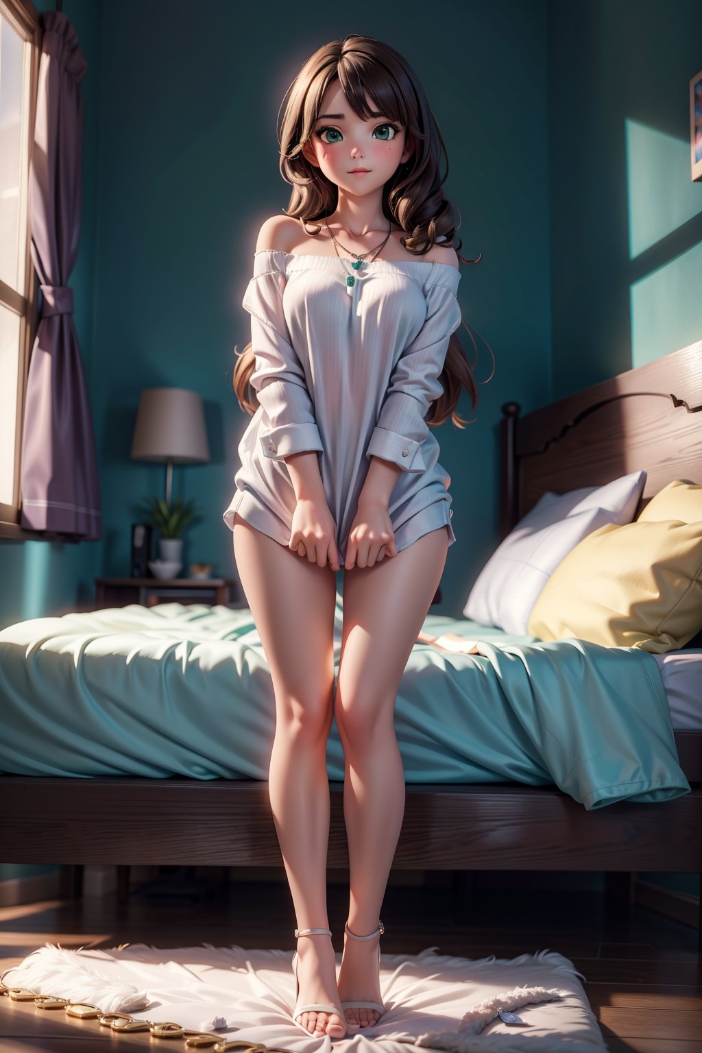 mj3d style,3dmm,3d,(full body shot:1.3),bokeh:1.2,indoors,on a soft bed,high-heels,looking at viewer,((tugging on over-sized white shirt with shoulders showing, necklace)),(22 years old woman),medium breast,small waist,long brown flowing hair glamour,(green eyes, beautiful eyes),beautiful face,perfect illumination,beautiful detailed eyes,looking at viewer,stunningly beautiful woman,detailed hairstyle,good hands,detailed hands,good feet,(8k, RAW photo, best quality, masterpiece:1.2),(realistic, photo-realistic:1.37),ultra high res,photon mapping,radiosity,physically-based rendering,(ambient light:1.3),(cinematic composition:1),professional soft lighting,light on face,<lora:more_details:0.4>,<lora:LowRA:0.45>,<lora:shirt_tug:1>,