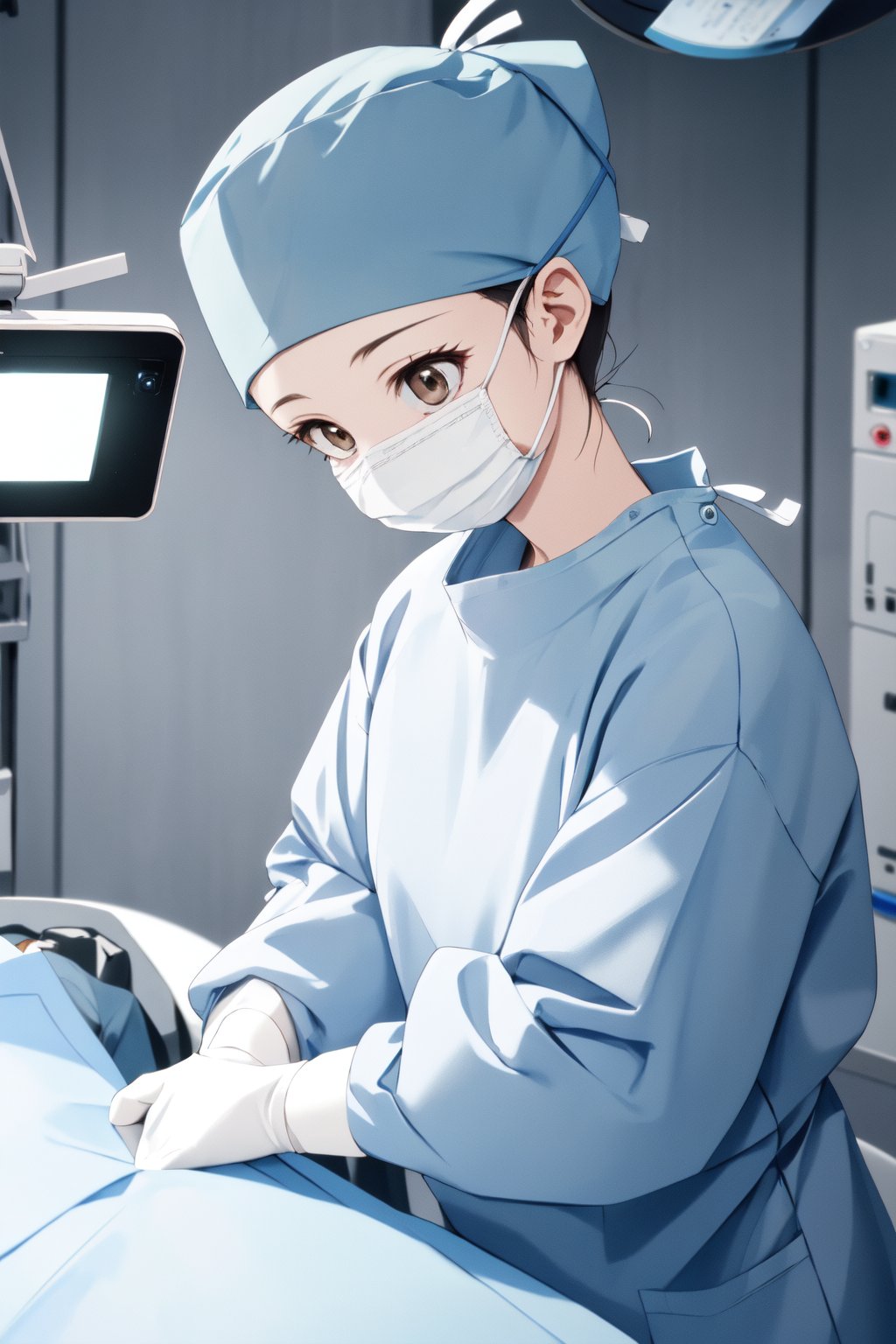 (RAW photo, best quality), 1girl, long sleeve surgical outfit, surgical mask,  surgical gloves, surgical cap,  operating room, overhead surgical light, blurred background, focused <lora:ConceptClothingSurgicalOutfit1_1:0.8>, <lora:aoi_takamoto_dr_elise_v1_2-000005:1>, aoi takamoto