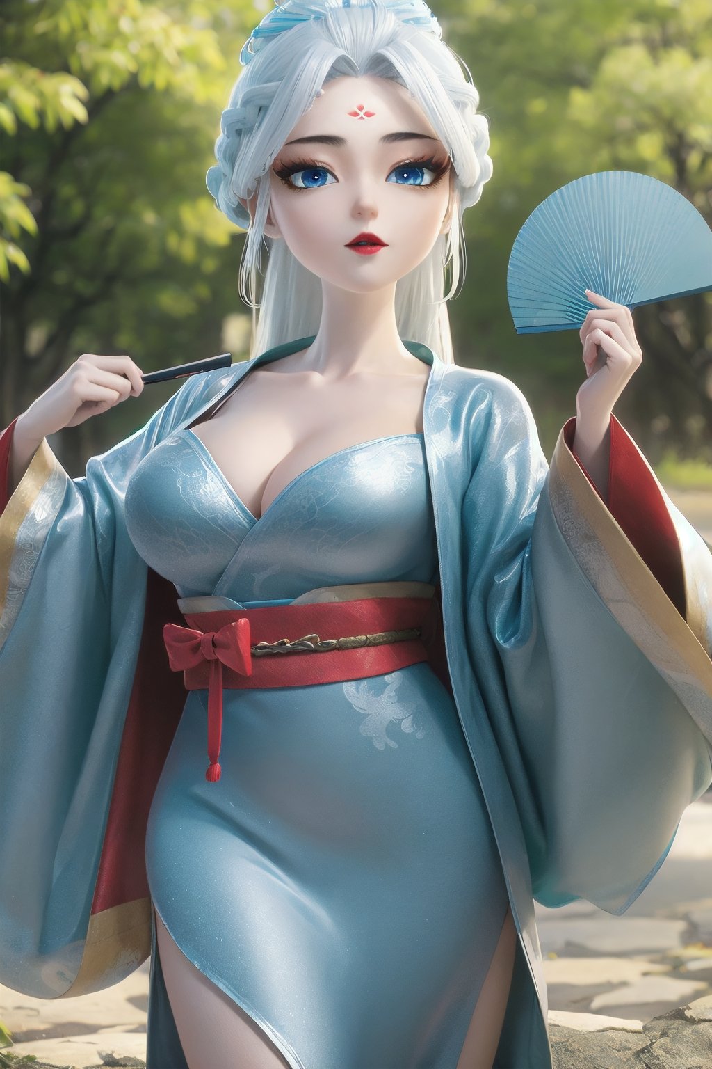 HDR,UHD,best quality,Highly detailed,masterpiece,Professional,<lora:longnvchenchen_20240111153834-000002:1>,1girl,solo,hanfu,forehead mark,white hair,long hair,hand fan,facial mark,chinese clothes,hair ornament,looking at viewer,blue eyes,holding,long sleeves,dress,outdoors,day,red lips,sky,breasts,wide sleeves,blue sky,sash,braid,