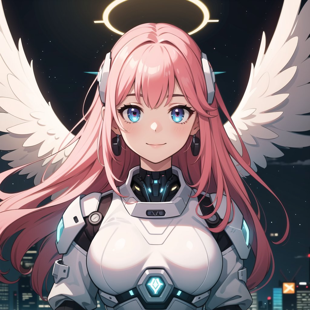((masterpiece, best quality, extremely detailed), volumetric lighting, ambient occlusion, colorful, glowing, expressive eyes),

1girl, pink hair, long hair, halo, aura, sacred, godness, cyber suit, (white outfit:1.3), android, bot, angel wings,
outdoors, night, sky, clouds, moon, stars,
(cyberpunk theme), (Cyborg theme),

open eyes, smiling, closed mouth,
upper body, close up, portrait,
