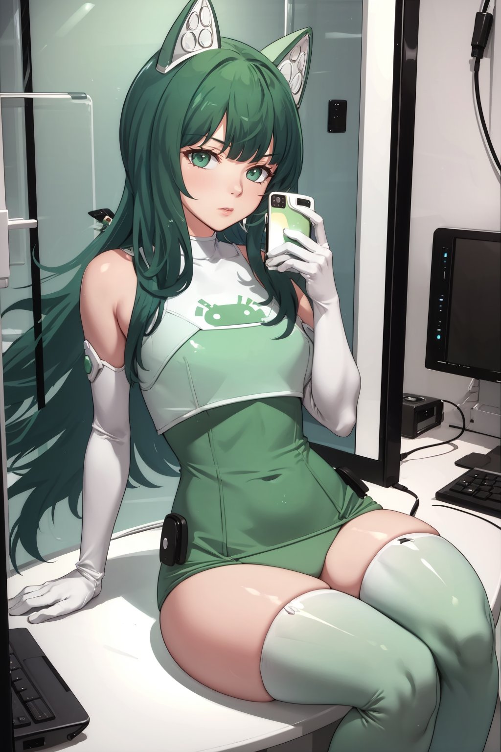 masterpiece, best quality, android-chan, green dress, elbow gloves, green thighhighs, large breasts, computer lab, sitting, looking at viewer, holding cell phone <lora:androidchan-nvwls-v1-000014:0.9>