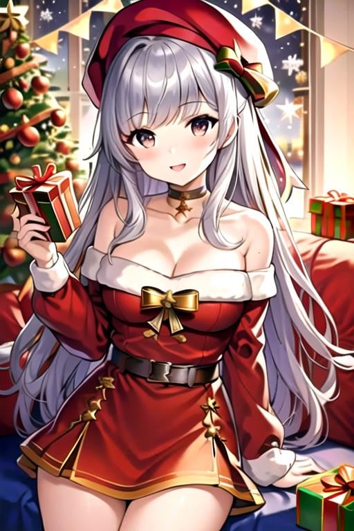 (masterpiece:1.2), best quality, masterpiece, highres, original,perfect light, 4k,8k,1girl, aran sweater, bangs, belfast \(azur lane\), black skirt, blush, box, breasts, brown sweater, choker, christmas, christmas ornaments, christmas tree, cleavage, collarbone, gift, gift bag, gift box, hat, heart-shaped box, holding, holding box, holding gift, holly, incoming gift, long hair, looking at viewer, off-shoulder sweater, off shoulder, open mouth, pocky, red headwear, santa hat, silver hair, skirt, smile, solo, sweater, very long hair, <lora:christmas:0.7>