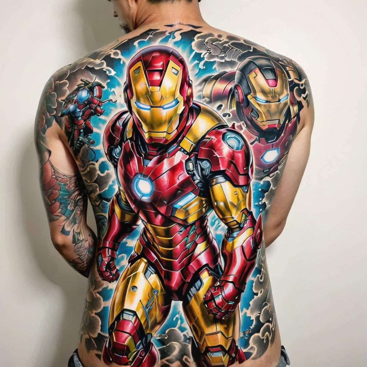 man with a striking tattoo of the ukiyoe style ironman, <lora:tattooback:0.5>  ,ultra-detailed,(best quality),((masterpiece)),(highres),original,extremely detailed 8K wallpaper,(an extremely delicate and beautiful)