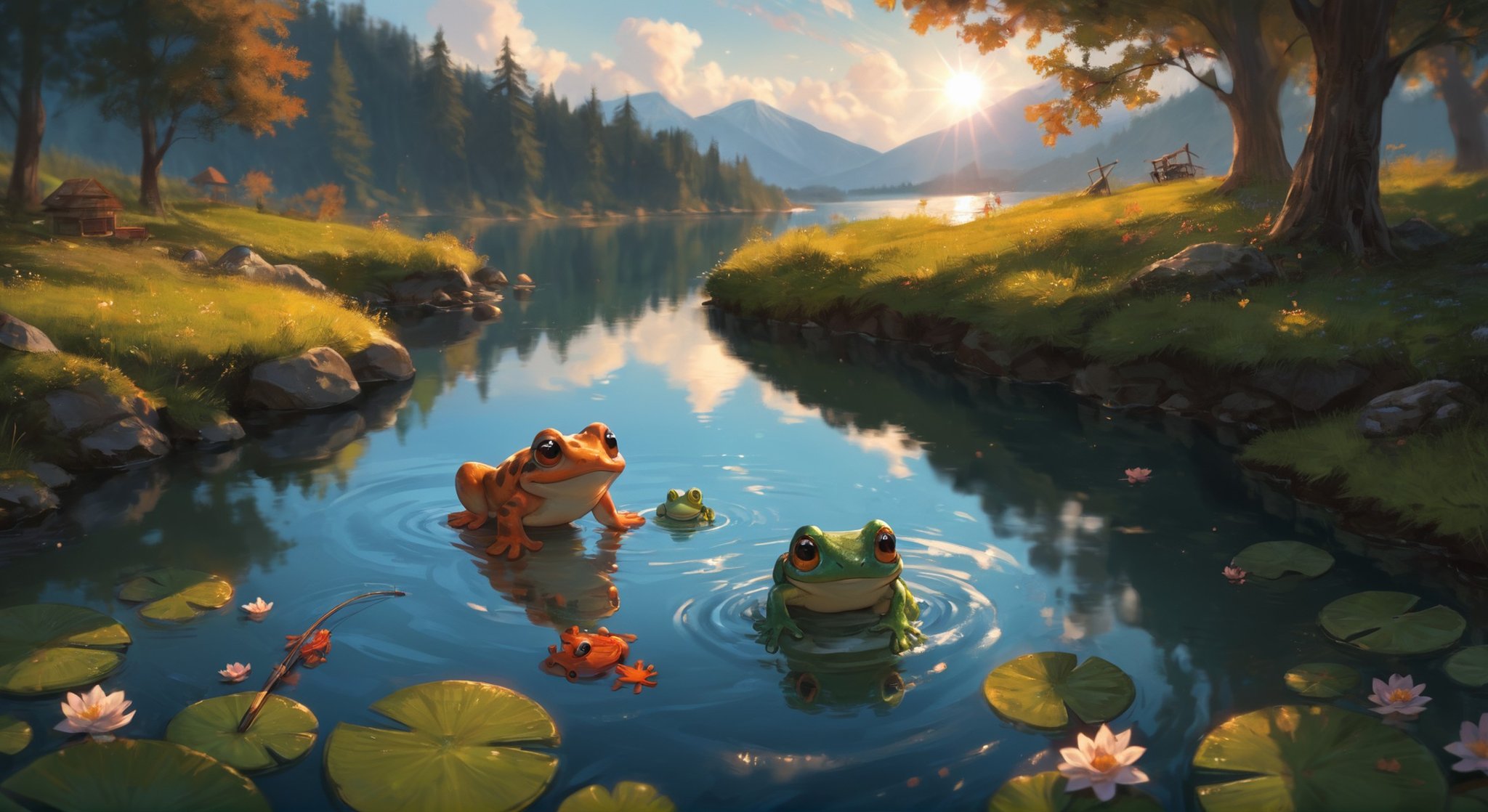 score_9, score_8_up, score_7_up, BREAK, cute, creature, frog, small, fishing, lake, pond, sunny, lens flare