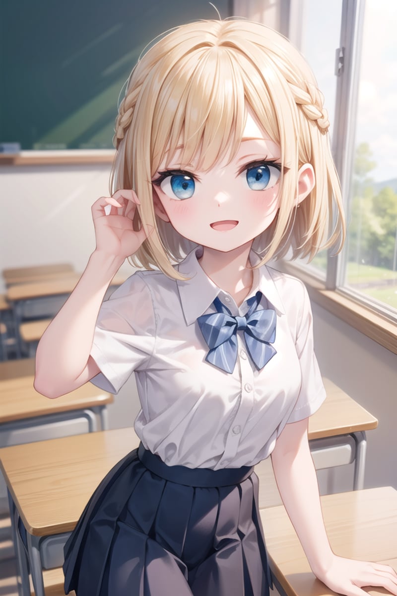 insanely detailed, absurdres, ultra-highres, ultra-detailed, best quality,1girl, solo, nice hands, perfect handsBREAKsummer school uniform, (plain dark blue skirt with many pleats:1.4), (striped indigo blue bowtie:1.3), short sleeves, white shirt, shirt with white buttonBREAK(nsfw:-1.5)BREAKhappy smile, laugh, open mouthBREAKfrom above,standing, cowboy shot, looking at viewerBREAKslender, kawaii, perfect symmetrical face, ultra cute girl, ultra cute face, ultra detailed eyes, ultra detailed hair, ultra cute, ultra beautifulBREAKin classroom, school desk, school chair, chalkboard, depth of field, ultra detailed backgroundBREAKmedium breastsBREAKblonde hair, blue eyes, crown braid