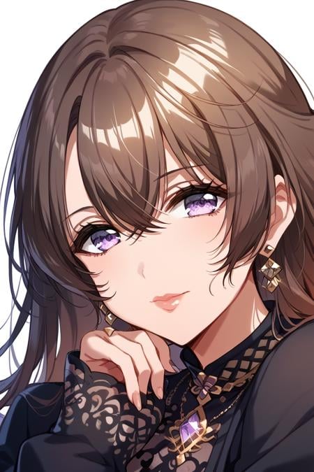 score_9, score_8_up, score_7_up, score_6_up, 1girl, <lora:Himegami_Shano:0.9> himegami, solo, jewelry, earrings, brown hair, portrait, looking at viewer, purple eyes, close-up, bangs, hair between eyes, lips, closed mouth, long sleeves, mature