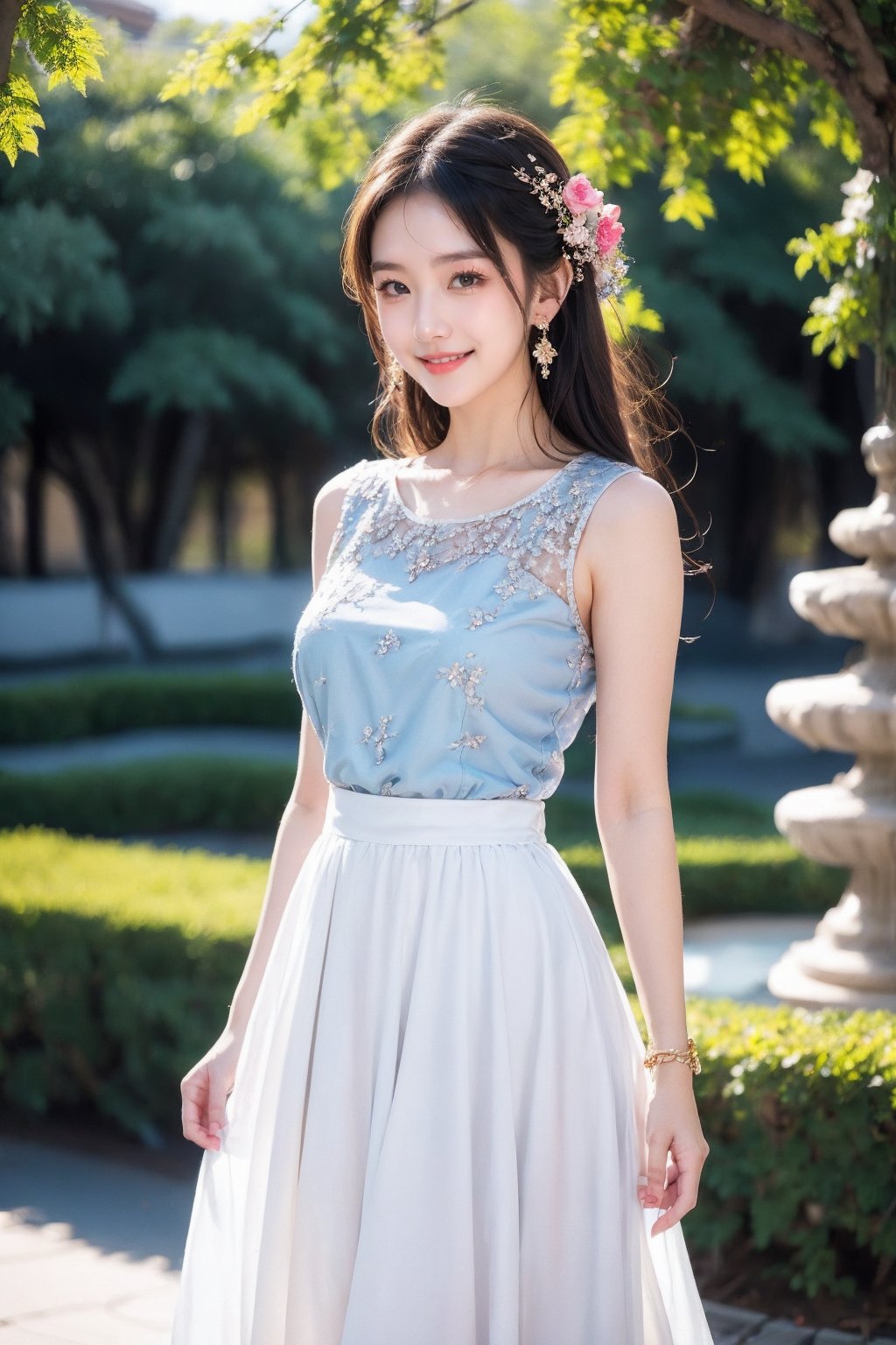 1girl, jewelry, solo, bracelet, earrings, brown hair, looking at viewer, long hair, ring, outdoors, floral print, see-through, breasts, flower, skirt, long skirt, blurry, parted lips, sleeveless, lips, blurry background, standing, dress, tree, bare shoulders, brown eyes, smile, shirt, white skirt, hair ornament, realistic, photorealistic, day, mole, medium breasts, collarbone, white dress