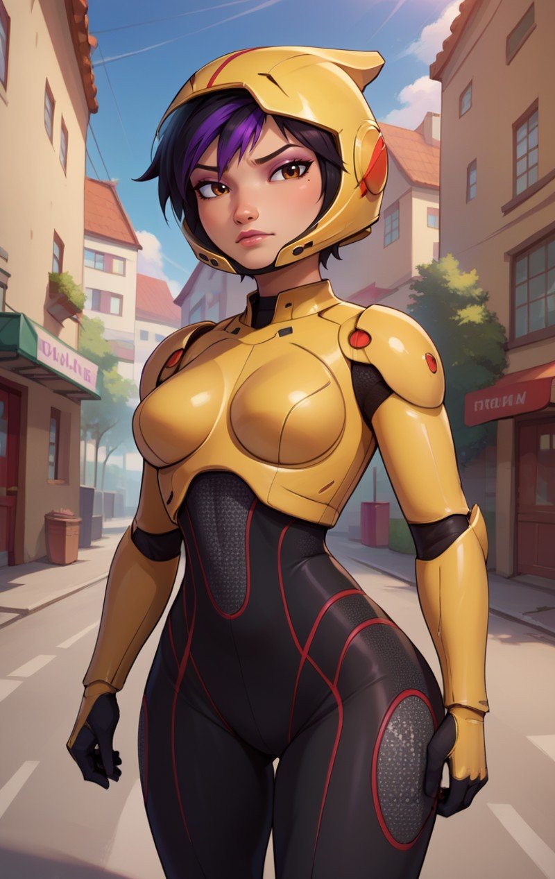 score_9, score_8_up, score_7_up, BREAK,  <lora:Gogotomago:0.8> gogotomago, 1girl, solo, short hair, simple background, black hair, brown eyes, purple hair, yellow bodysuit, helmet, cowboy shot, street background, wide hips, medium breasts, detailed, 