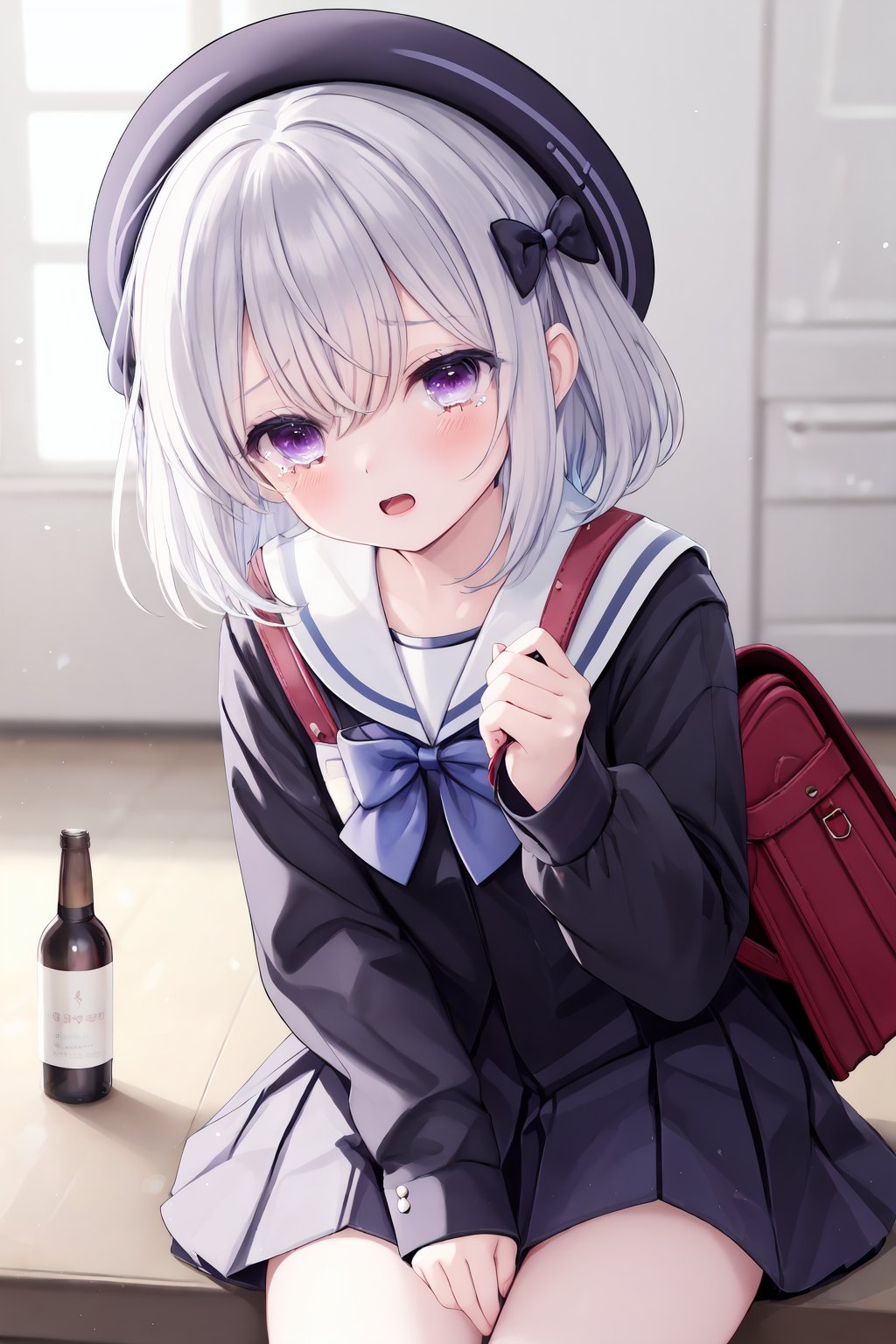 1girl,solo,school uniform,sitting,looking at viewer,holding,white headwear,bangs,long sleeves,blush,purple eyes,hair bow,sailor collar,indoors,bag,white sailor collar,bow,bottle,open mouth,white shirt,blue bow,grey hair,holding bottle,hair between eyes,beret,tears,medium hair,school bag,short hair,braid,yunmi style,sf5etf98,s6f8ey8vsdj,dr6g8cvwo,s5fr8gt,a35veo8vsdo,c6gw9oyh,c6s9eo5j,